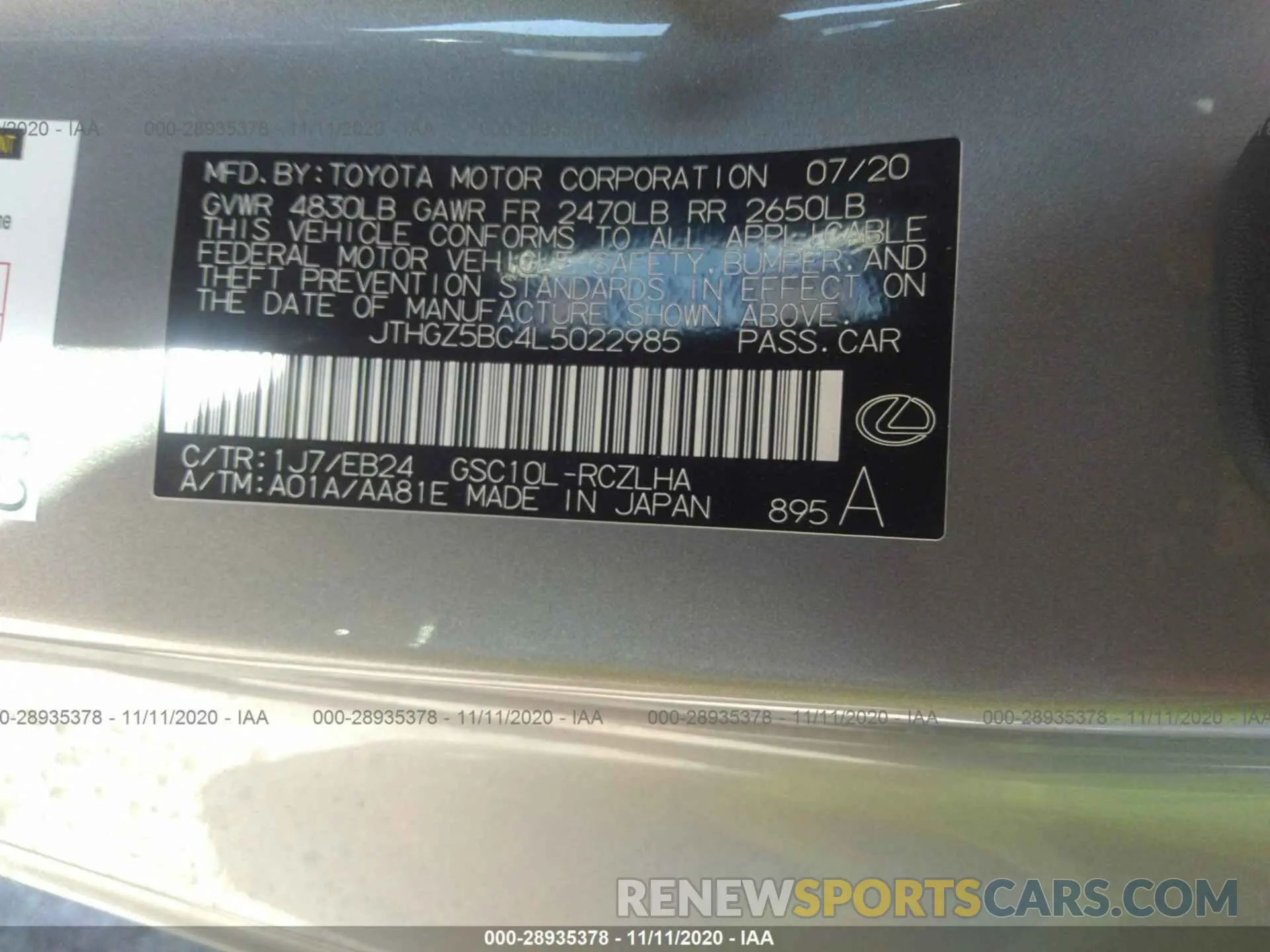 9 Photograph of a damaged car JTHGZ5BC4L5022985 LEXUS RC 2020