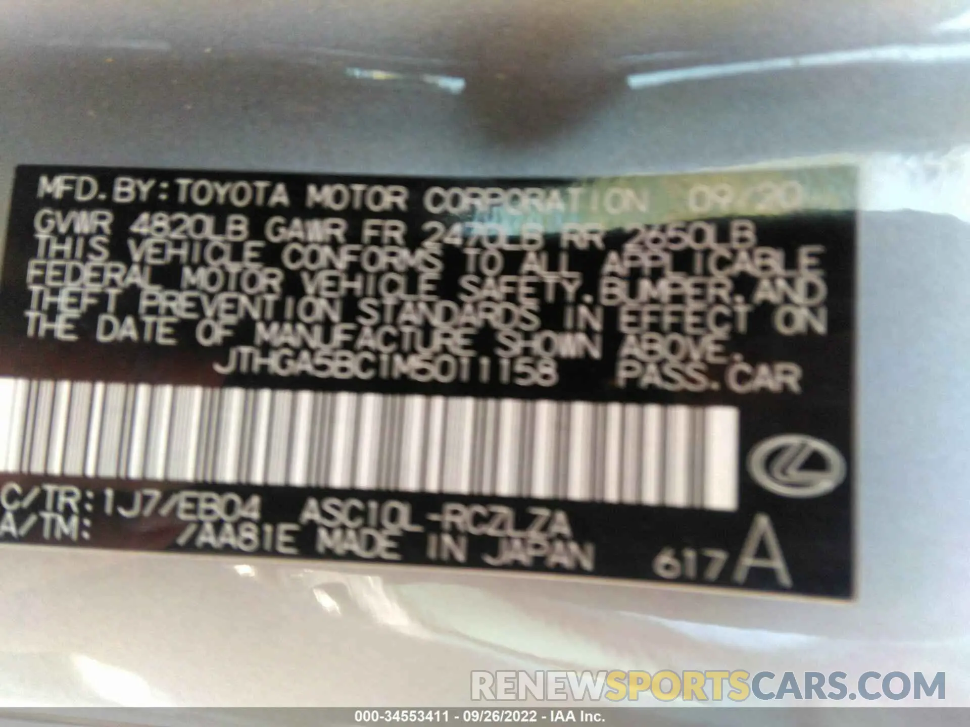 9 Фотография поврежденного автомобиля JTHGA5BC1M5011158 LEXUS RC 2021