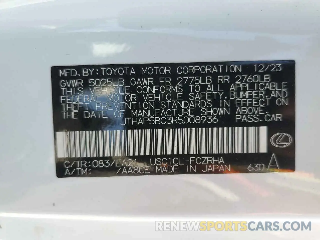 12 Photograph of a damaged car JTHAP5BC3R5008936 LEXUS RC 2024