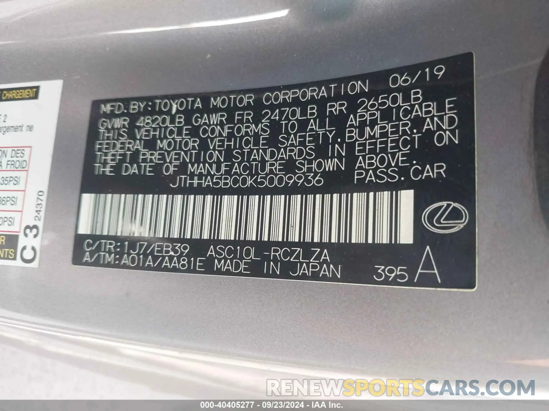 9 Photograph of a damaged car JTHHA5BC0K5009936 LEXUS RC 300 2019
