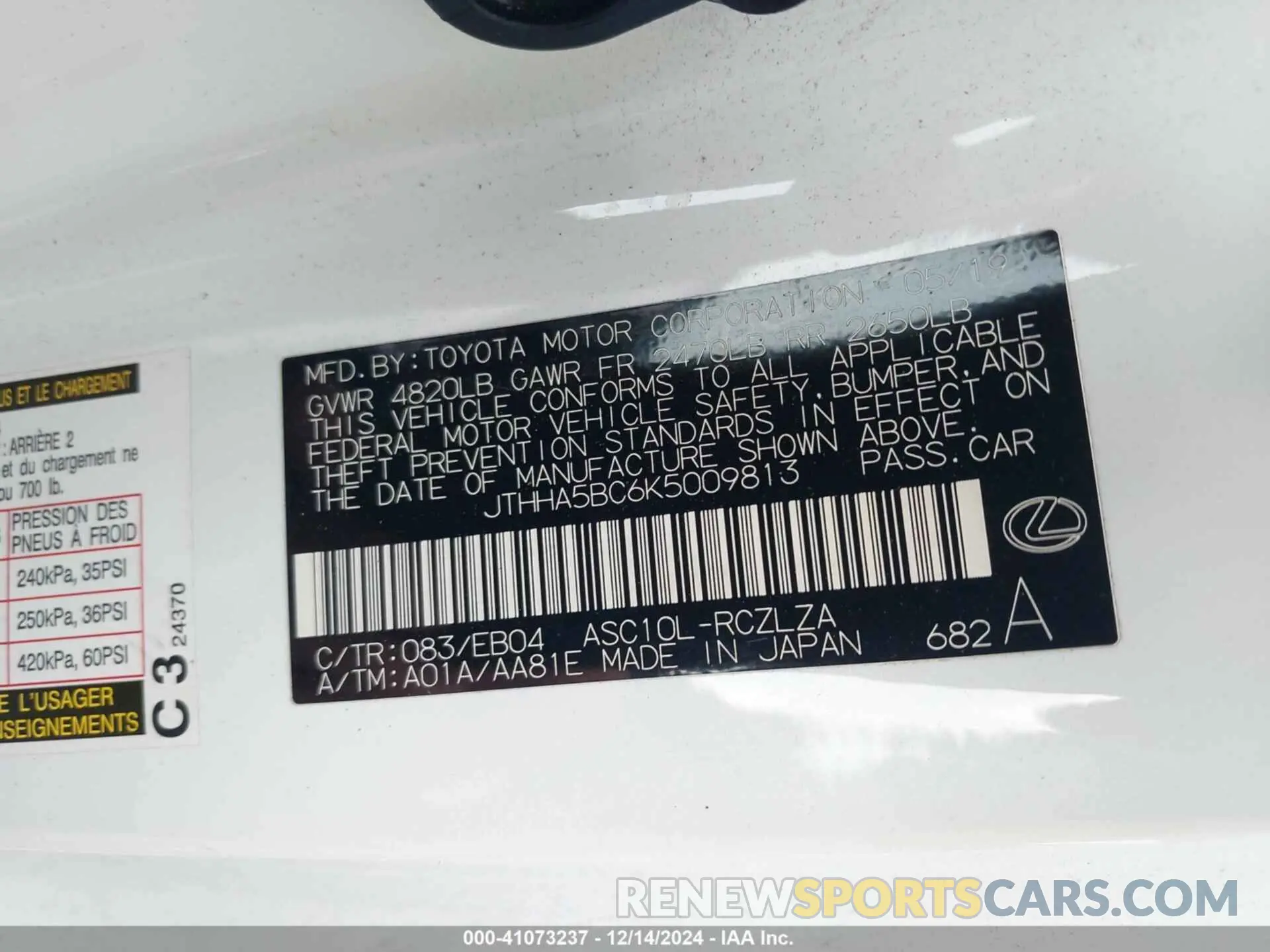 9 Фотография поврежденного автомобиля JTHHA5BC6K5009813 LEXUS RC 300 2019