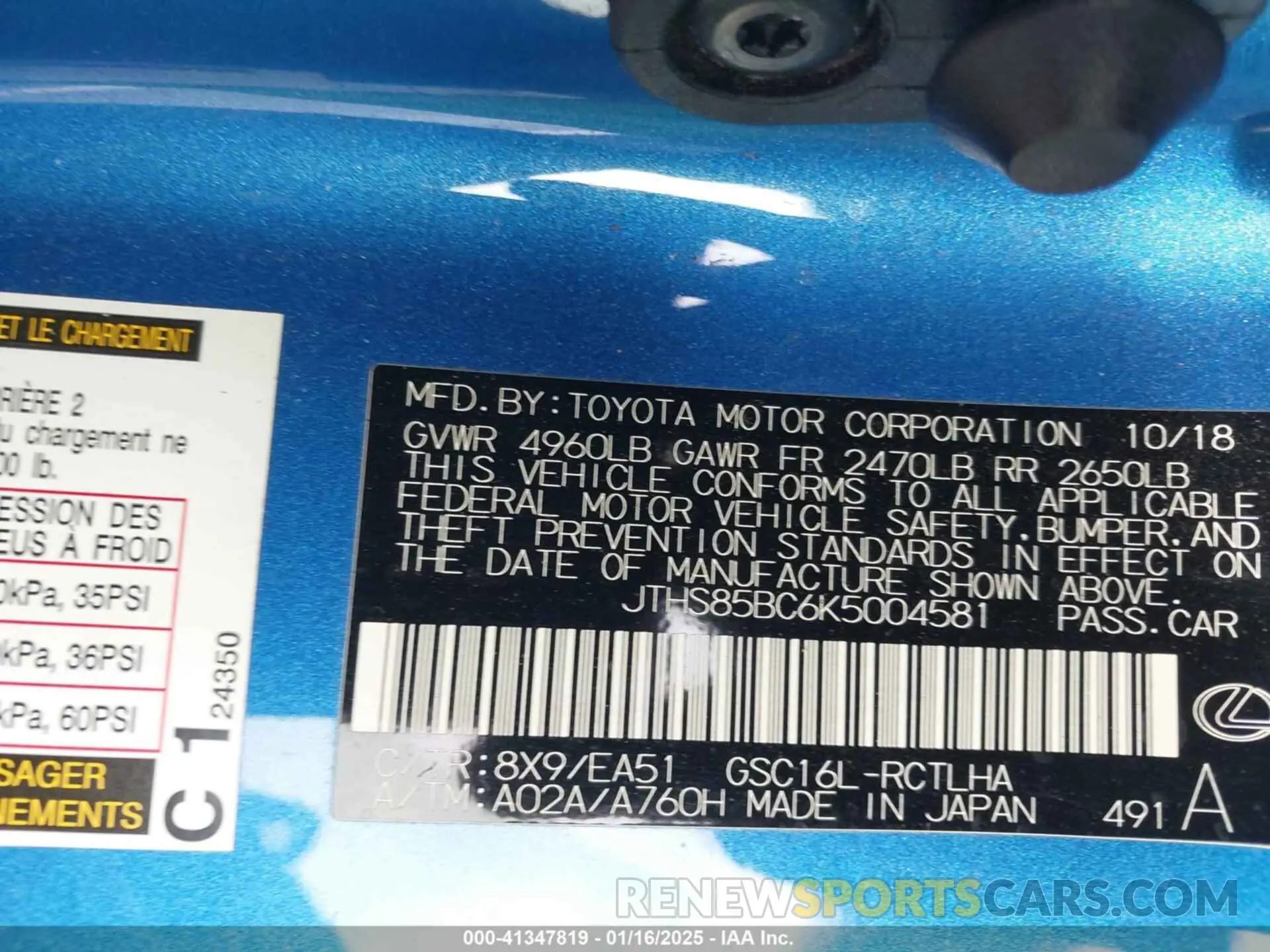 9 Фотография поврежденного автомобиля JTHS85BC6K5004581 LEXUS RC 300 2019