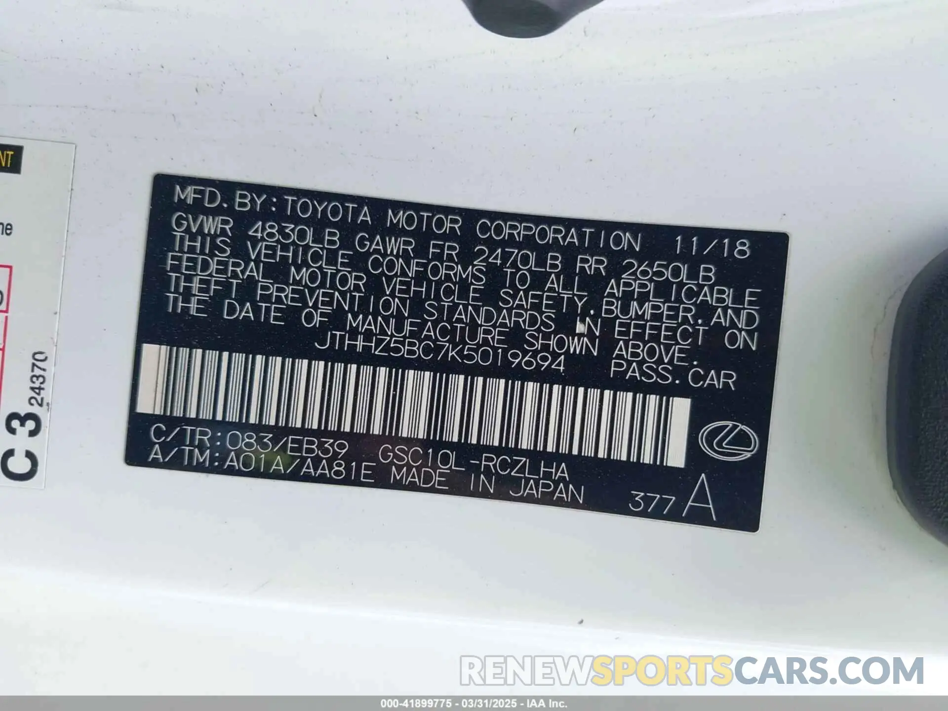 9 Фотография поврежденного автомобиля JTHHZ5BC7K5019694 LEXUS RC 350 2019