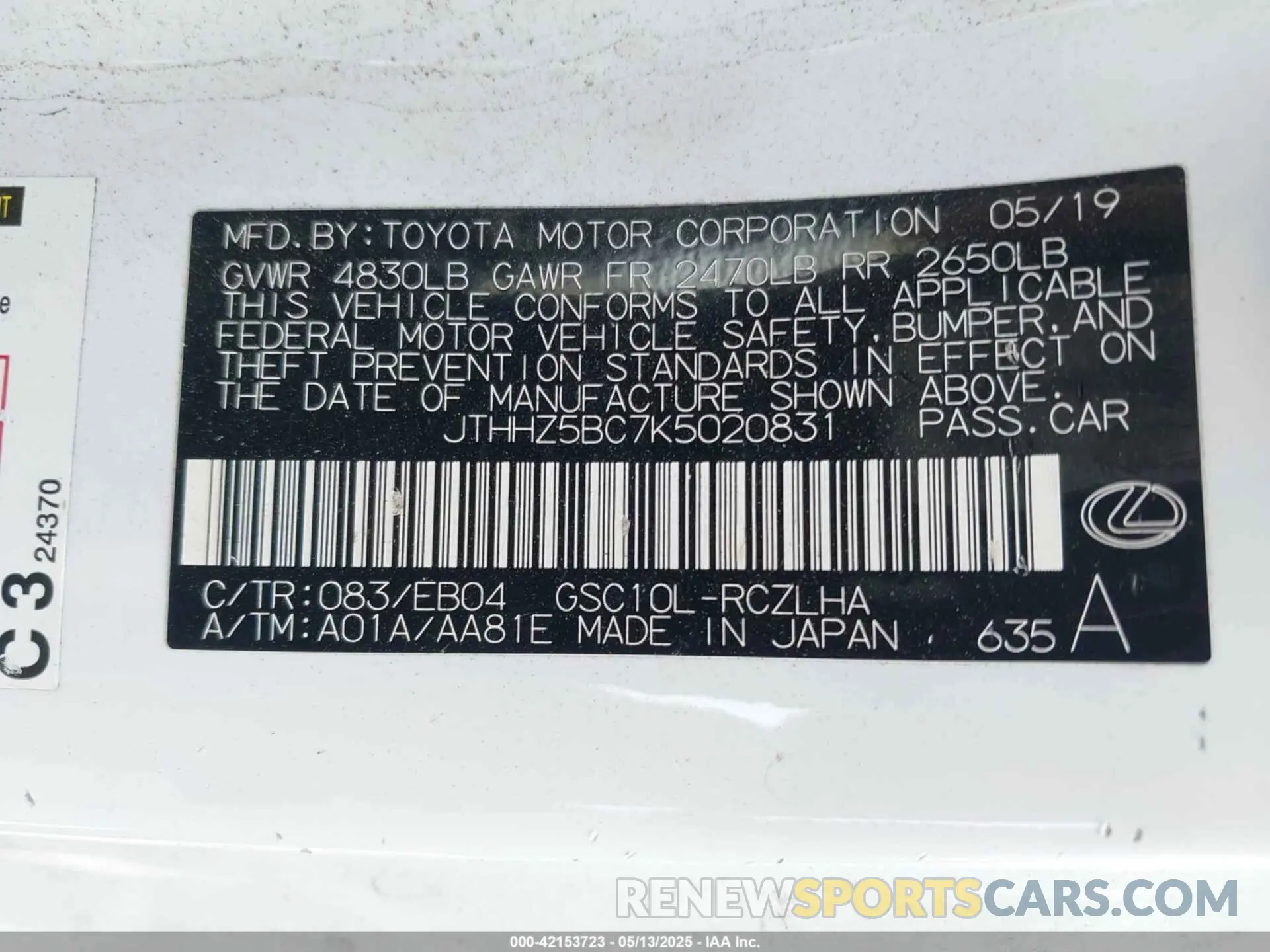 9 Фотография поврежденного автомобиля JTHHZ5BC7K5020831 LEXUS RC 350 2019