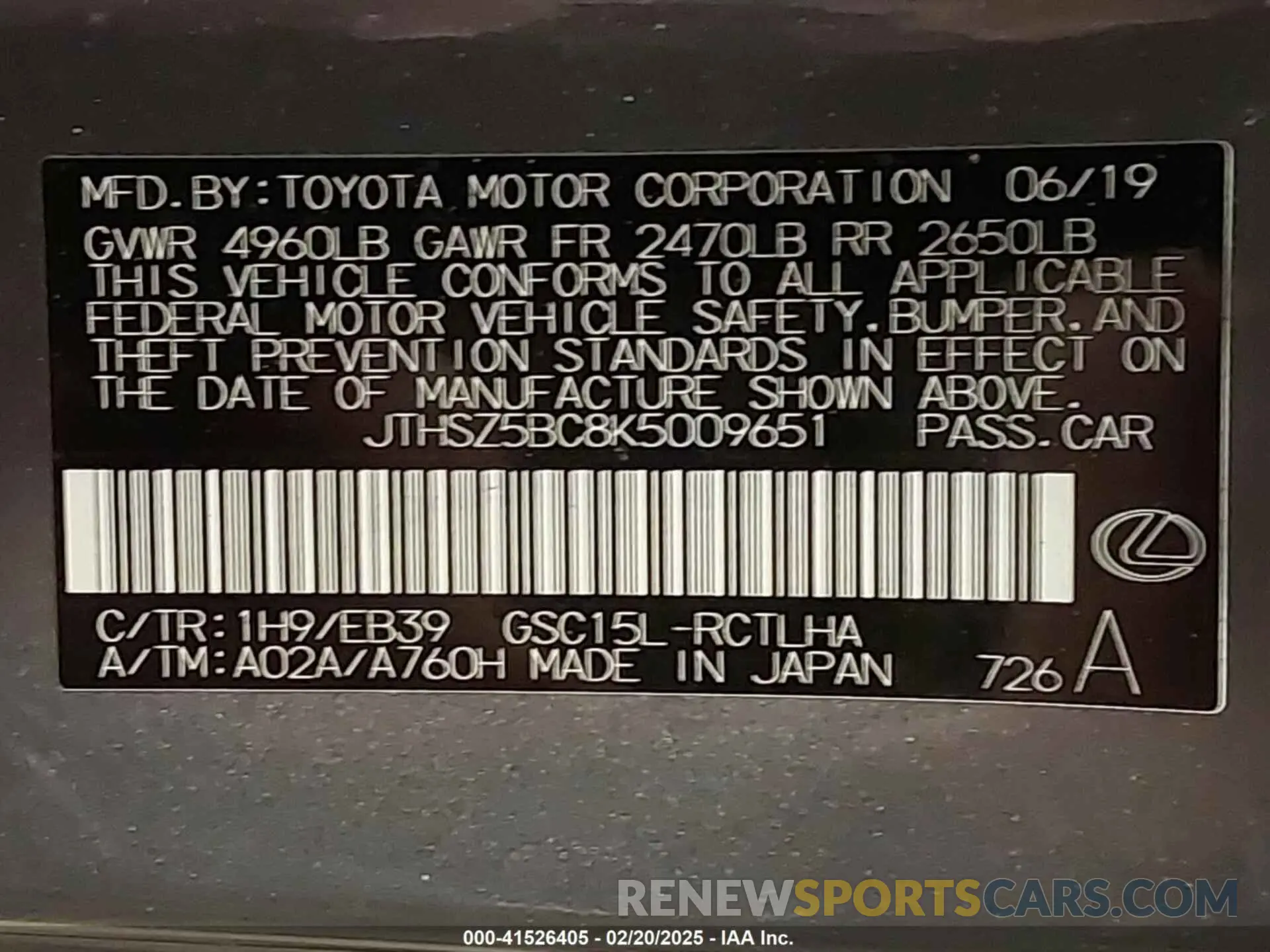 9 Photograph of a damaged car JTHSZ5BC8K5009651 LEXUS RC 350 2019