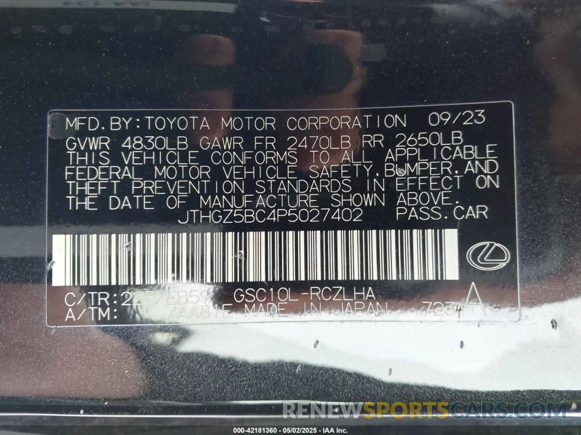 9 Фотография поврежденного автомобиля JTHGZ5BC4P5027402 LEXUS RC 350 2023