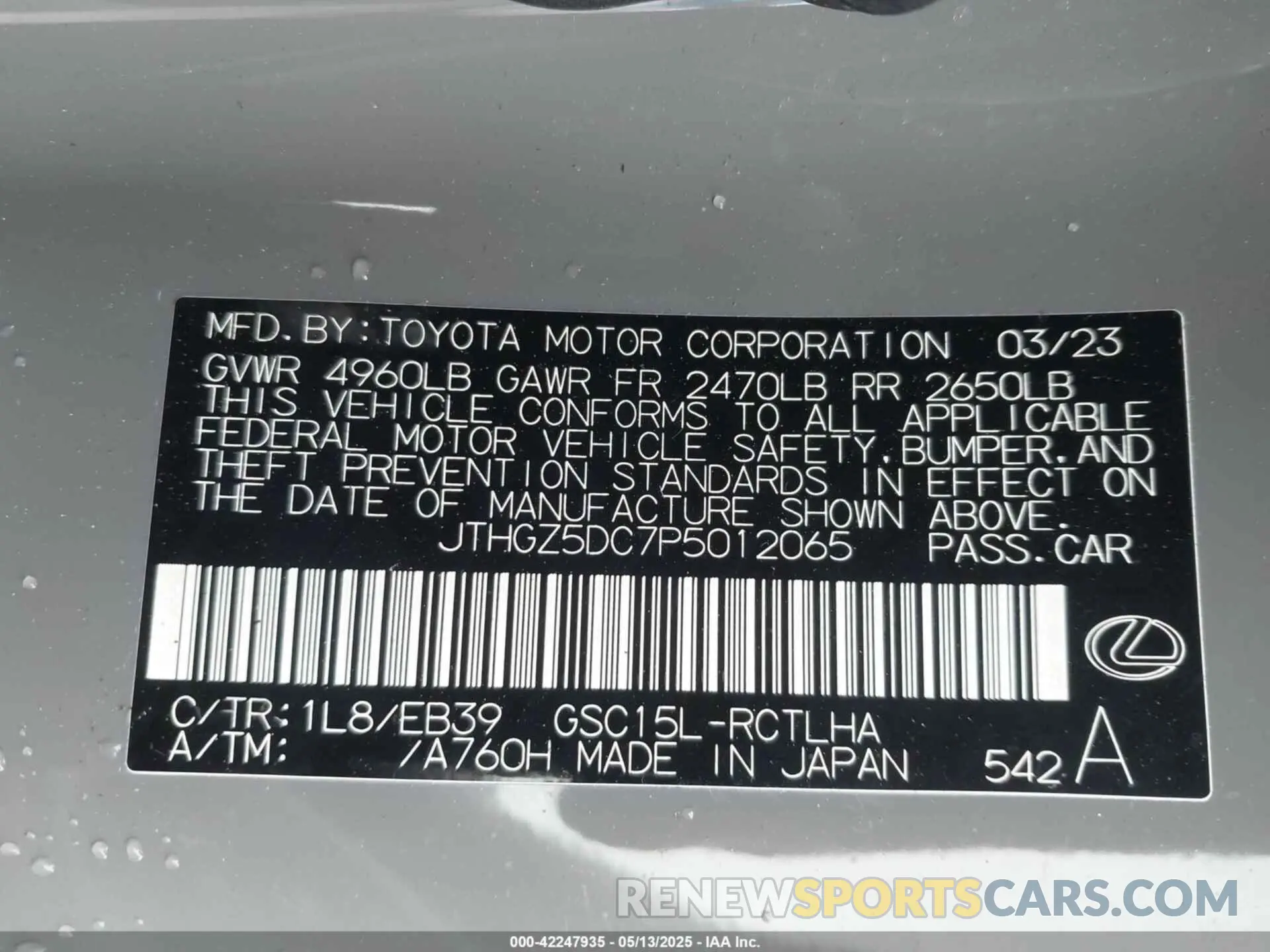 9 Фотография поврежденного автомобиля JTHGZ5DC7P5012065 LEXUS RC 350 2023