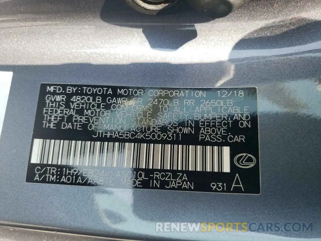 12 Photograph of a damaged car JTHHA5BC4K5009311 LEXUS RC300 2019