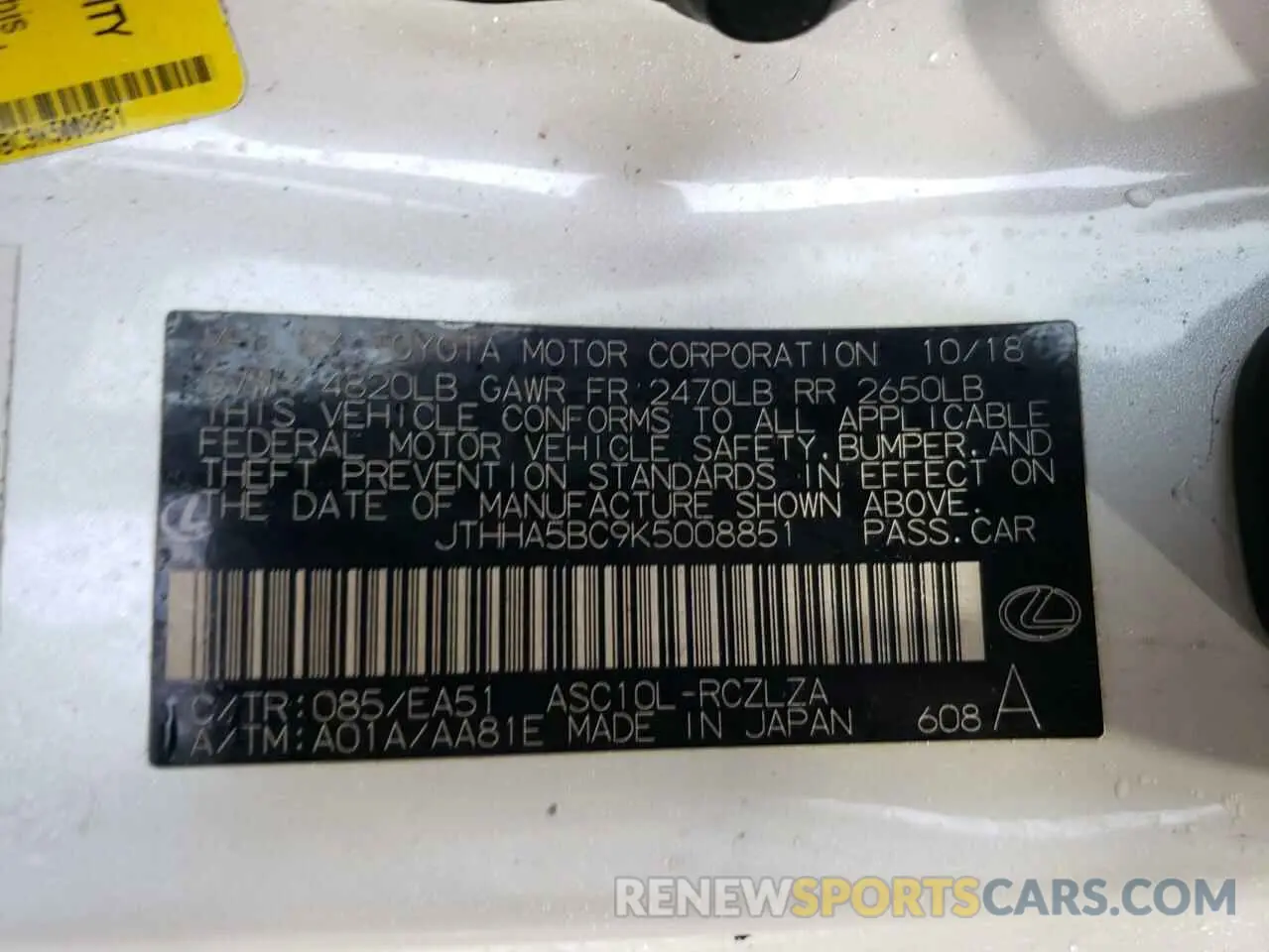 12 Photograph of a damaged car JTHHA5BC9K5008851 LEXUS RC300 2019