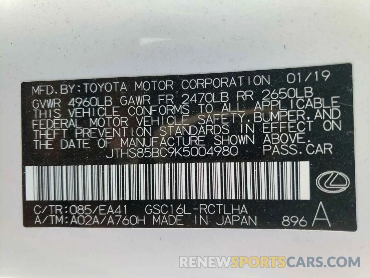 12 Photograph of a damaged car JTHS85BC9K5004980 LEXUS RC300 2019