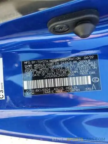 12 Фотография поврежденного автомобиля JTHGA5BC2N5012126 LEXUS RC300 2022