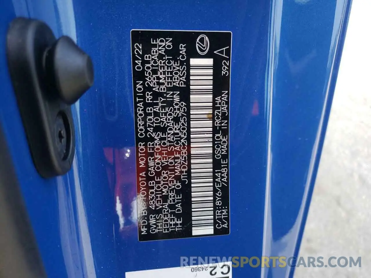 12 Photograph of a damaged car JTHDZ5BC2N5025759 LEXUS RC350 2022