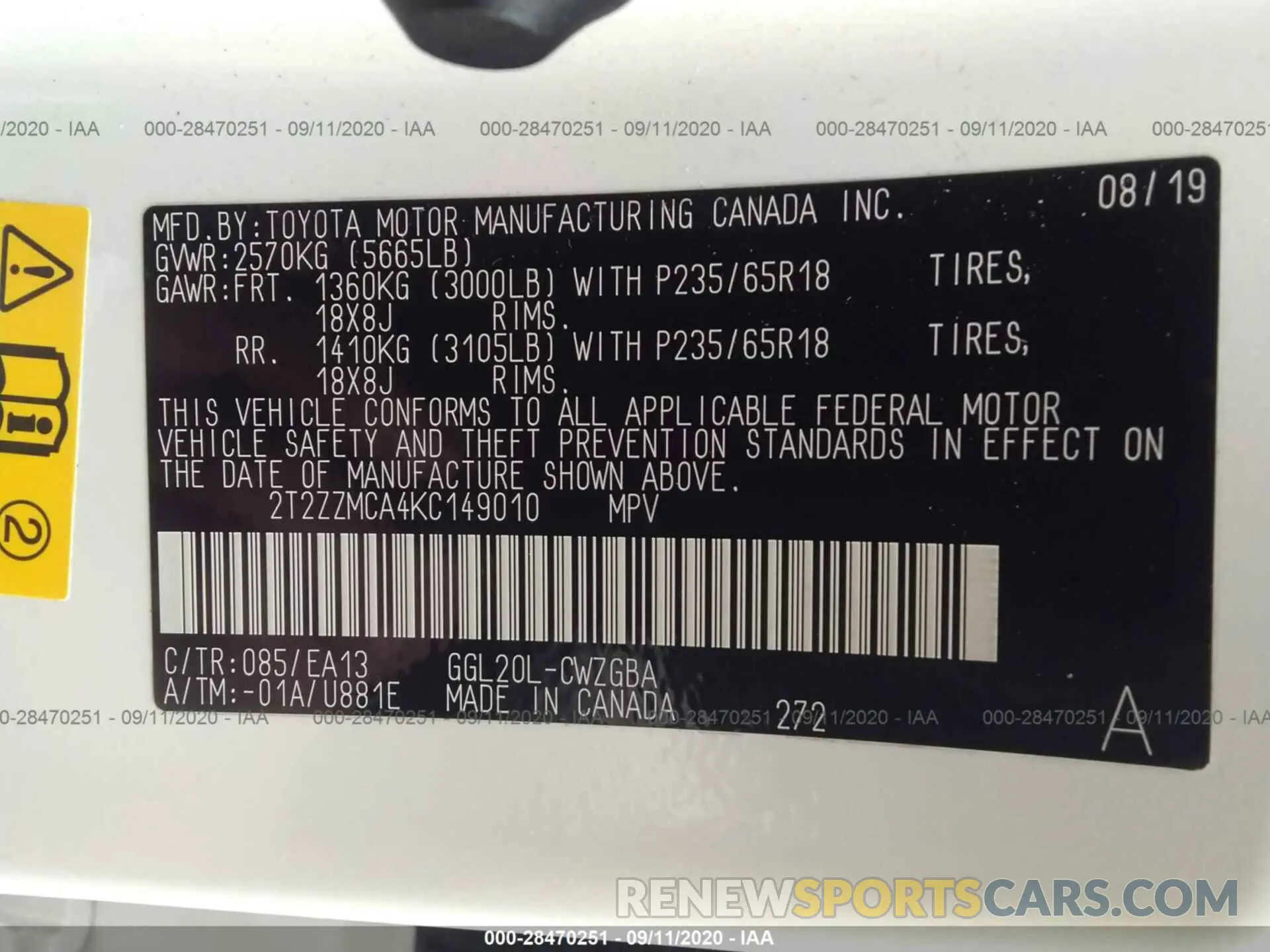 9 Photograph of a damaged car 2T2ZZMCA4KC149010 LEXUS RX 2019