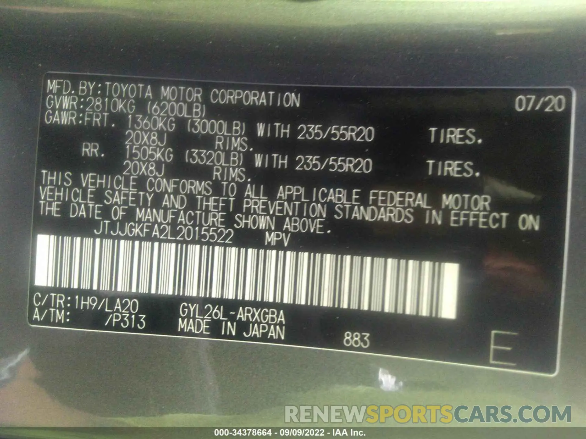9 Photograph of a damaged car JTJJGKFA2L2015522 LEXUS RX 2020