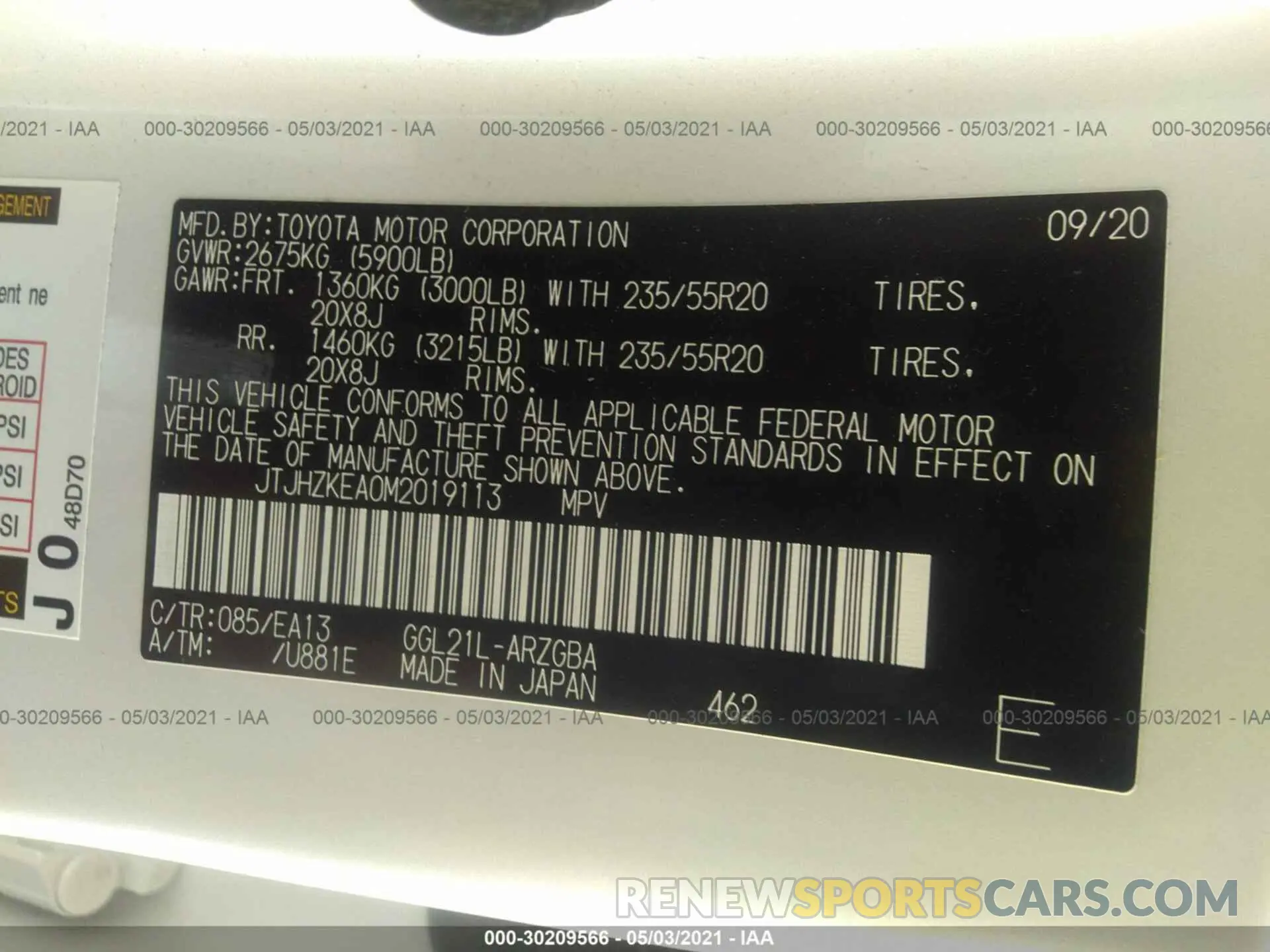 9 Photograph of a damaged car JTJHZKEA0M2019113 LEXUS RX 2021