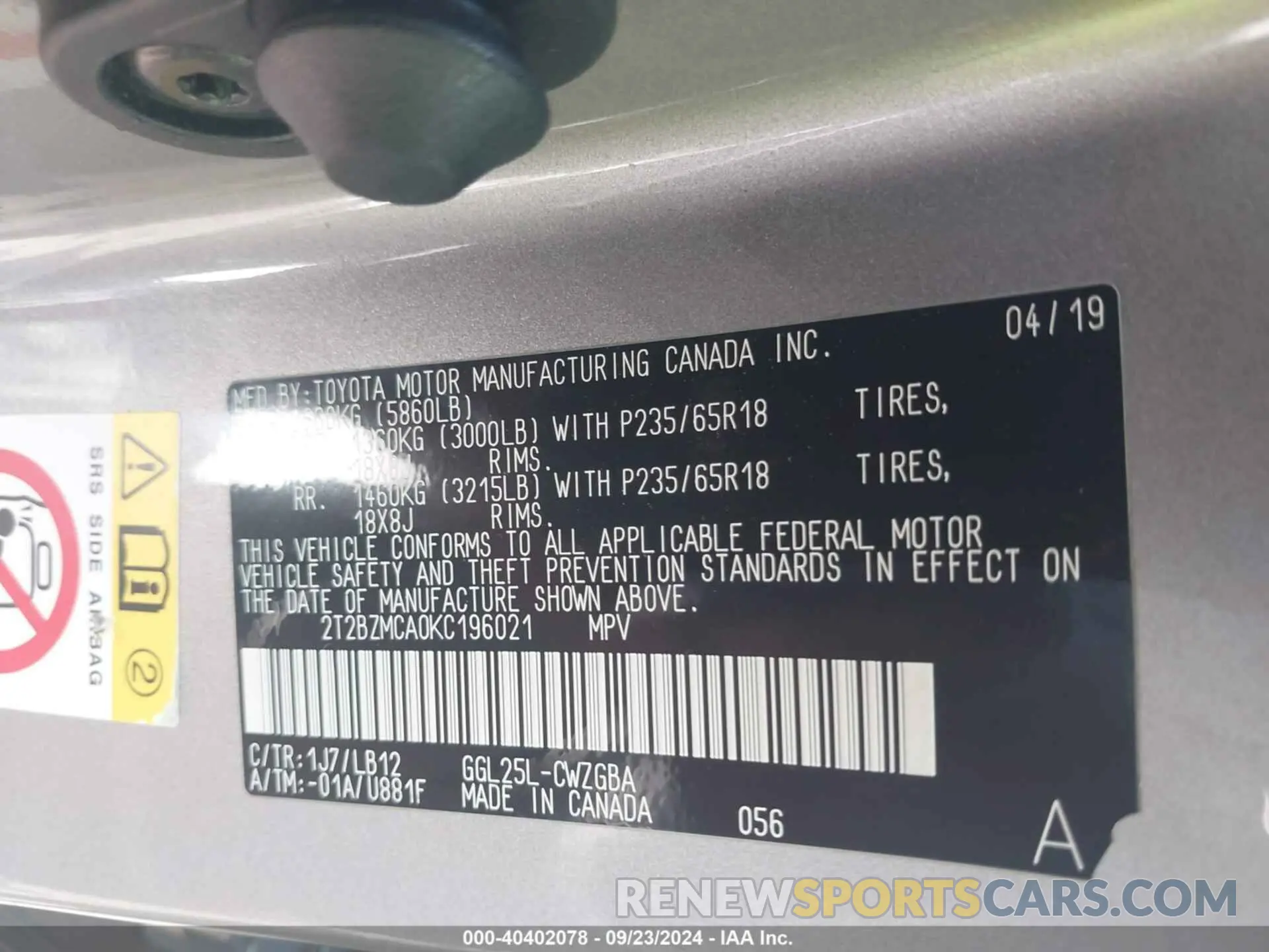9 Photograph of a damaged car 2T2BZMCA0KC196021 LEXUS RX 350 2019