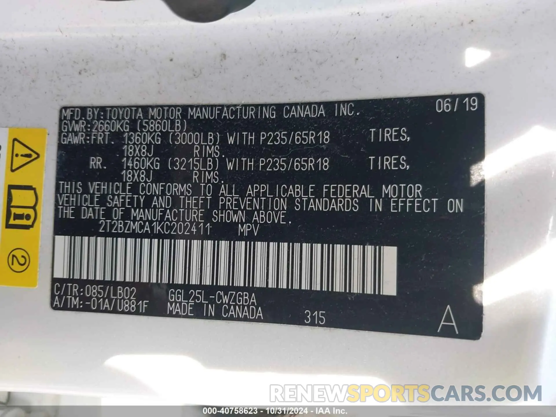 9 Фотография поврежденного автомобиля 2T2BZMCA1KC202411 LEXUS RX 350 2019