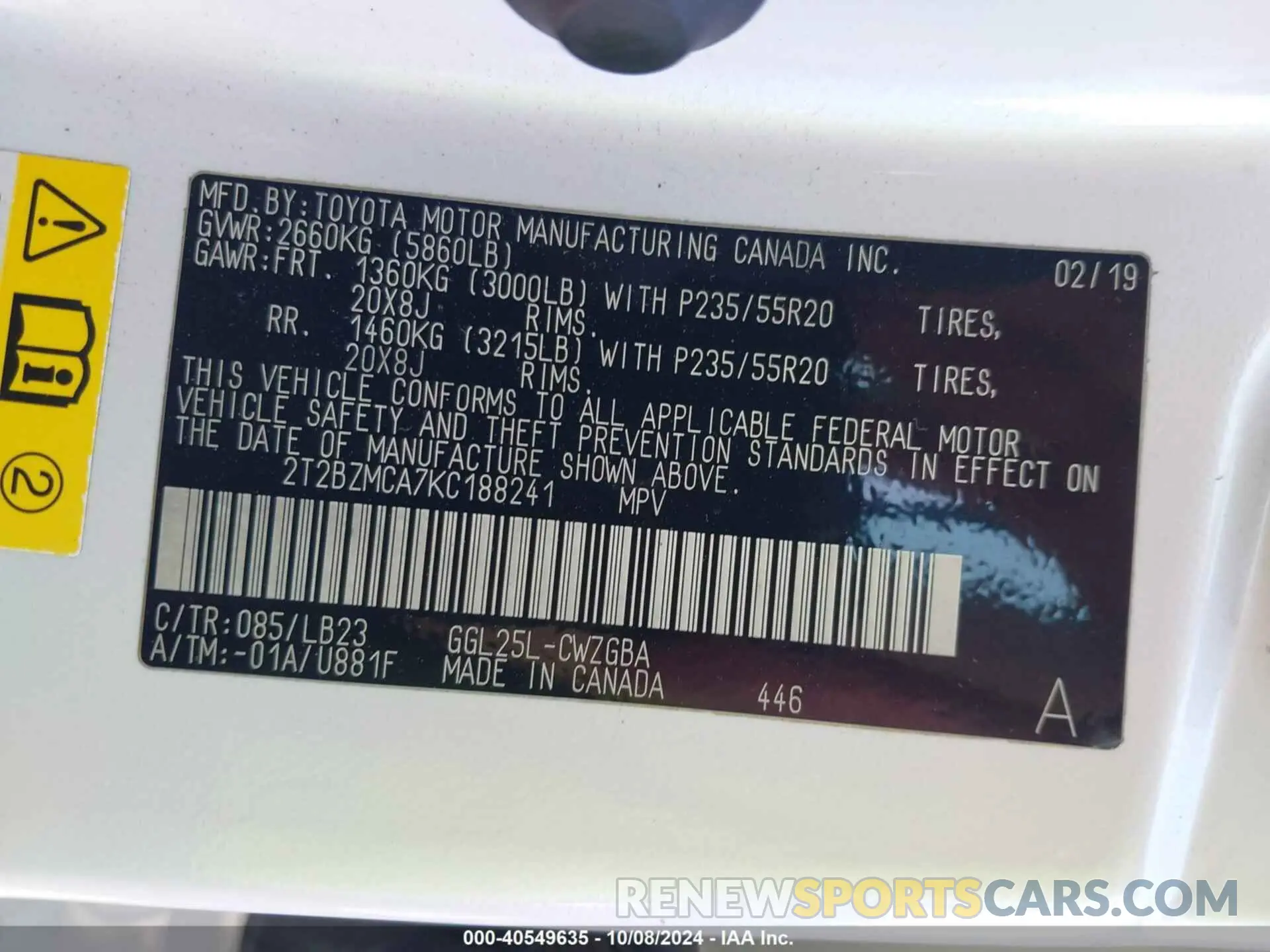 9 Фотография поврежденного автомобиля 2T2BZMCA7KC188241 LEXUS RX 350 2019