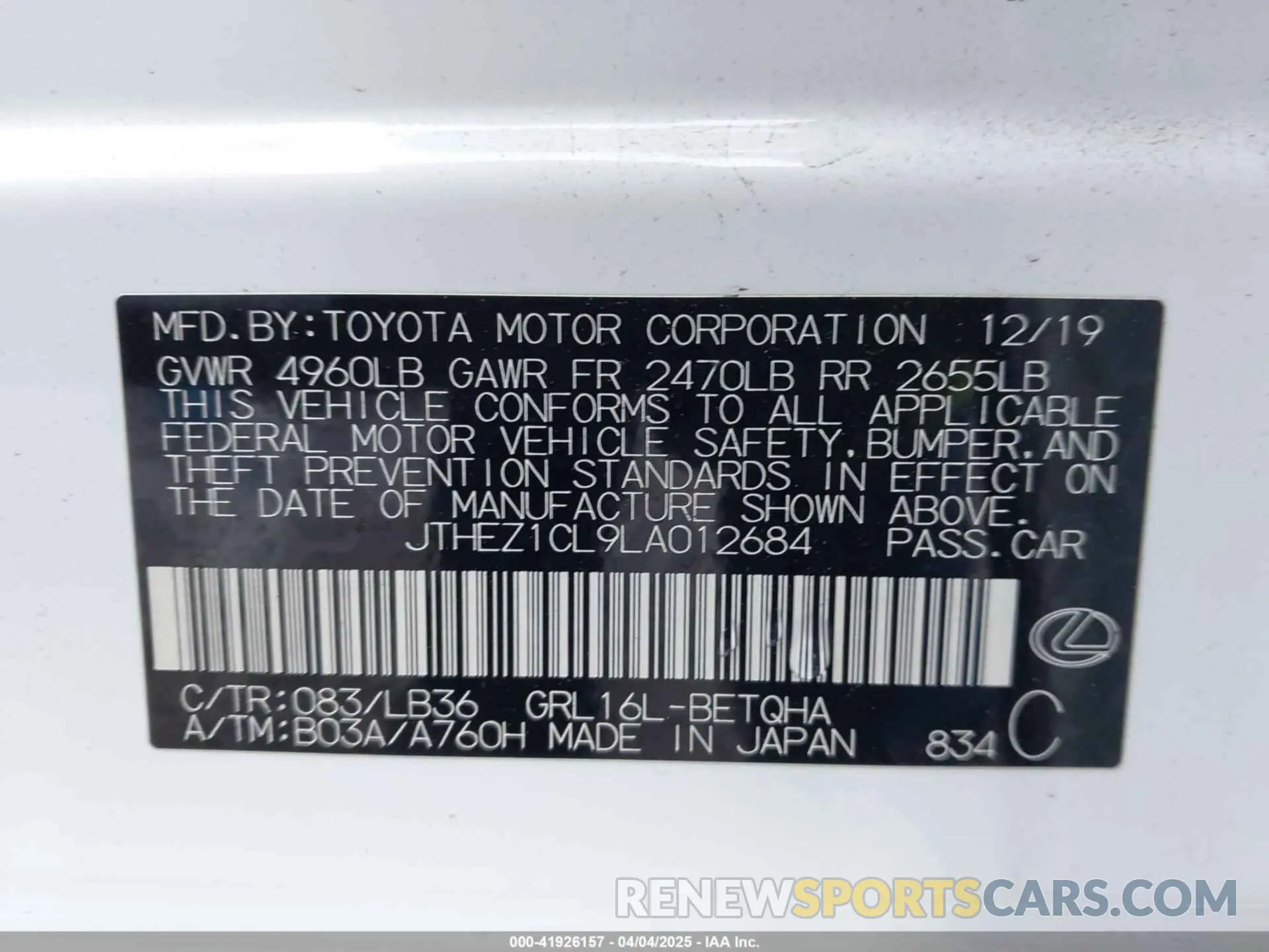 9 Photograph of a damaged car 2T2YZMDAXLC223834 LEXUS RX 350 2020