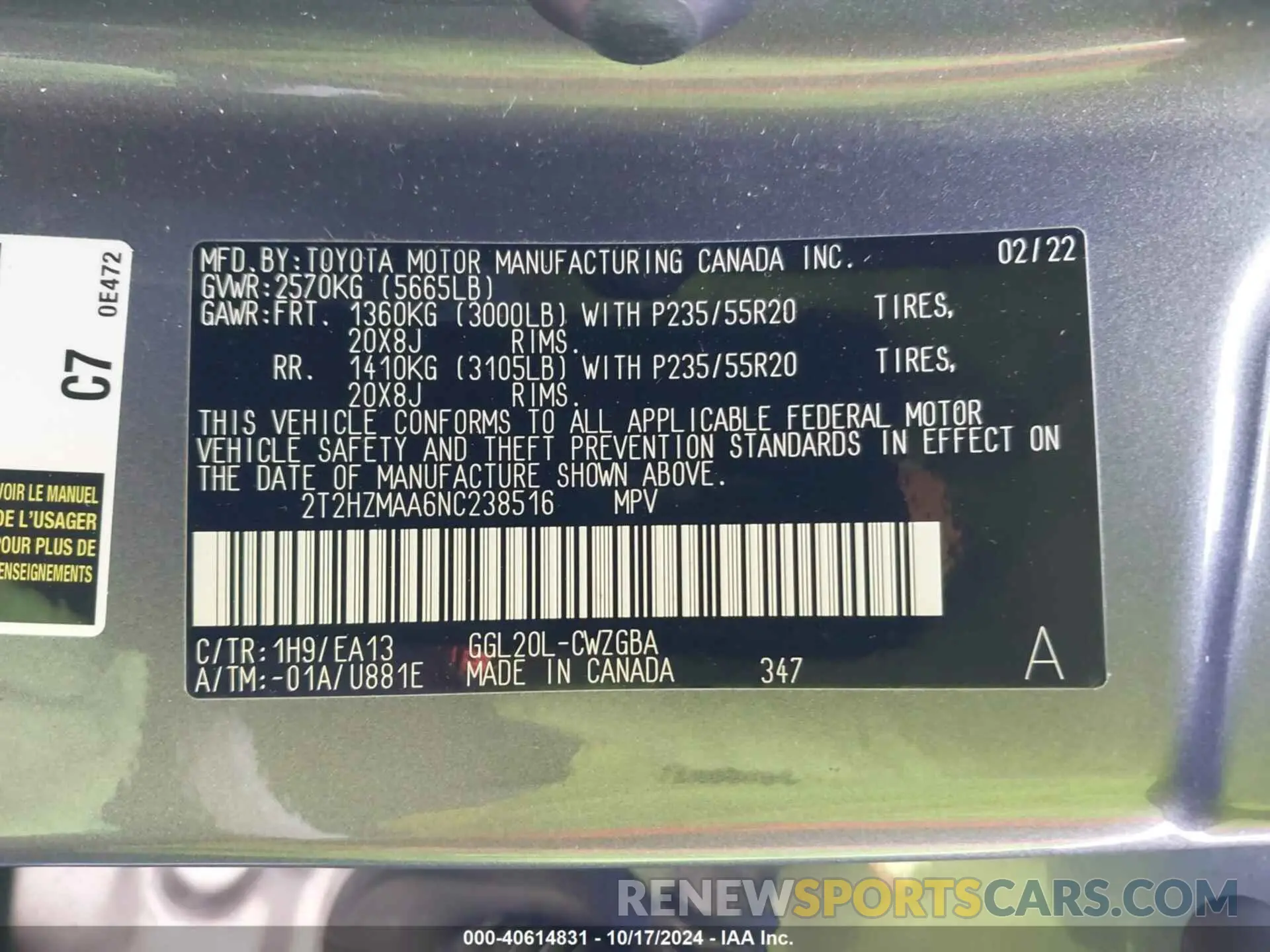 9 Фотография поврежденного автомобиля 2T2HZMAA6NC238516 LEXUS RX 350 2022