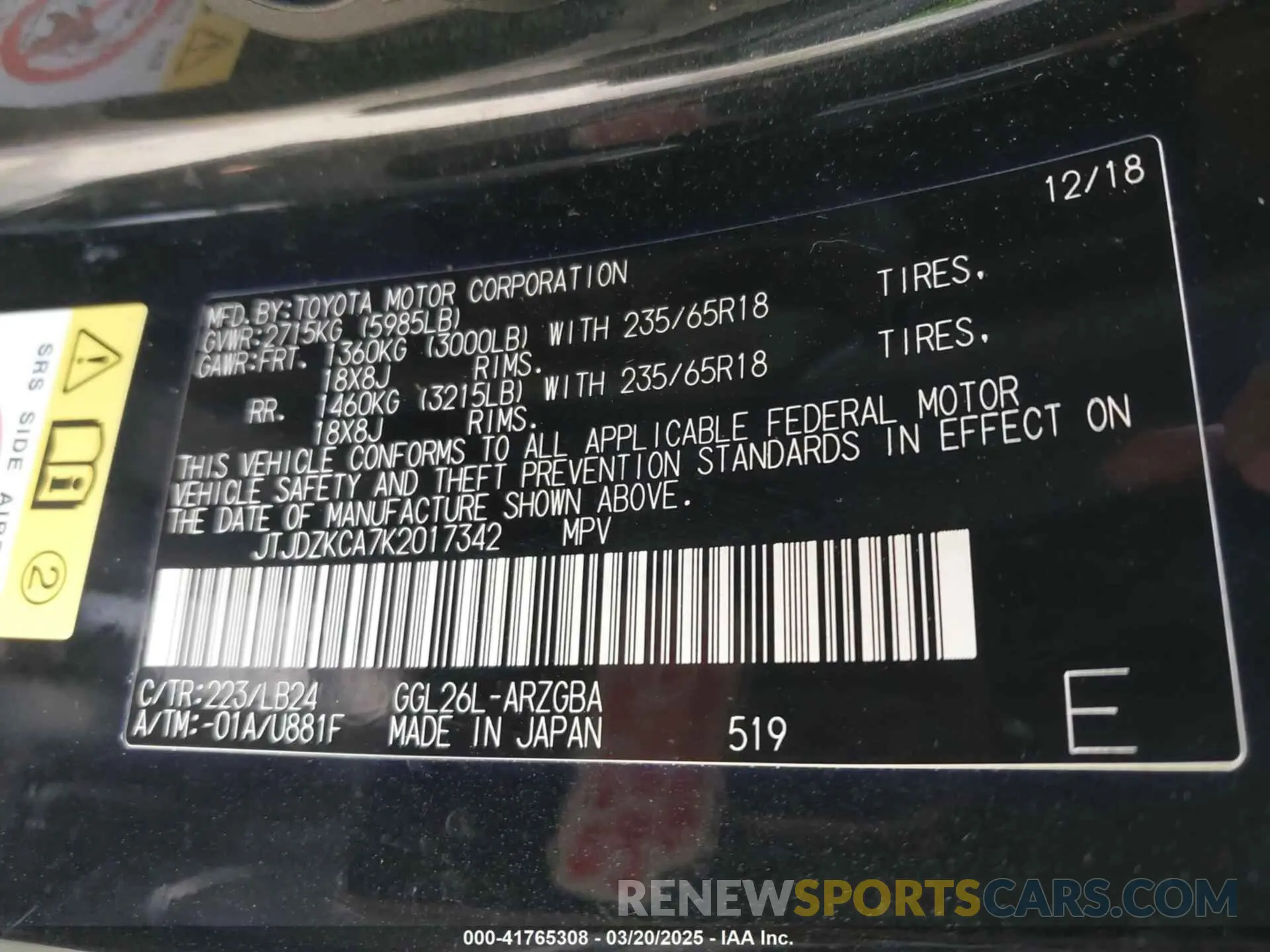 9 Фотография поврежденного автомобиля JTJDZKCA7K2017342 LEXUS RX 350L 2019