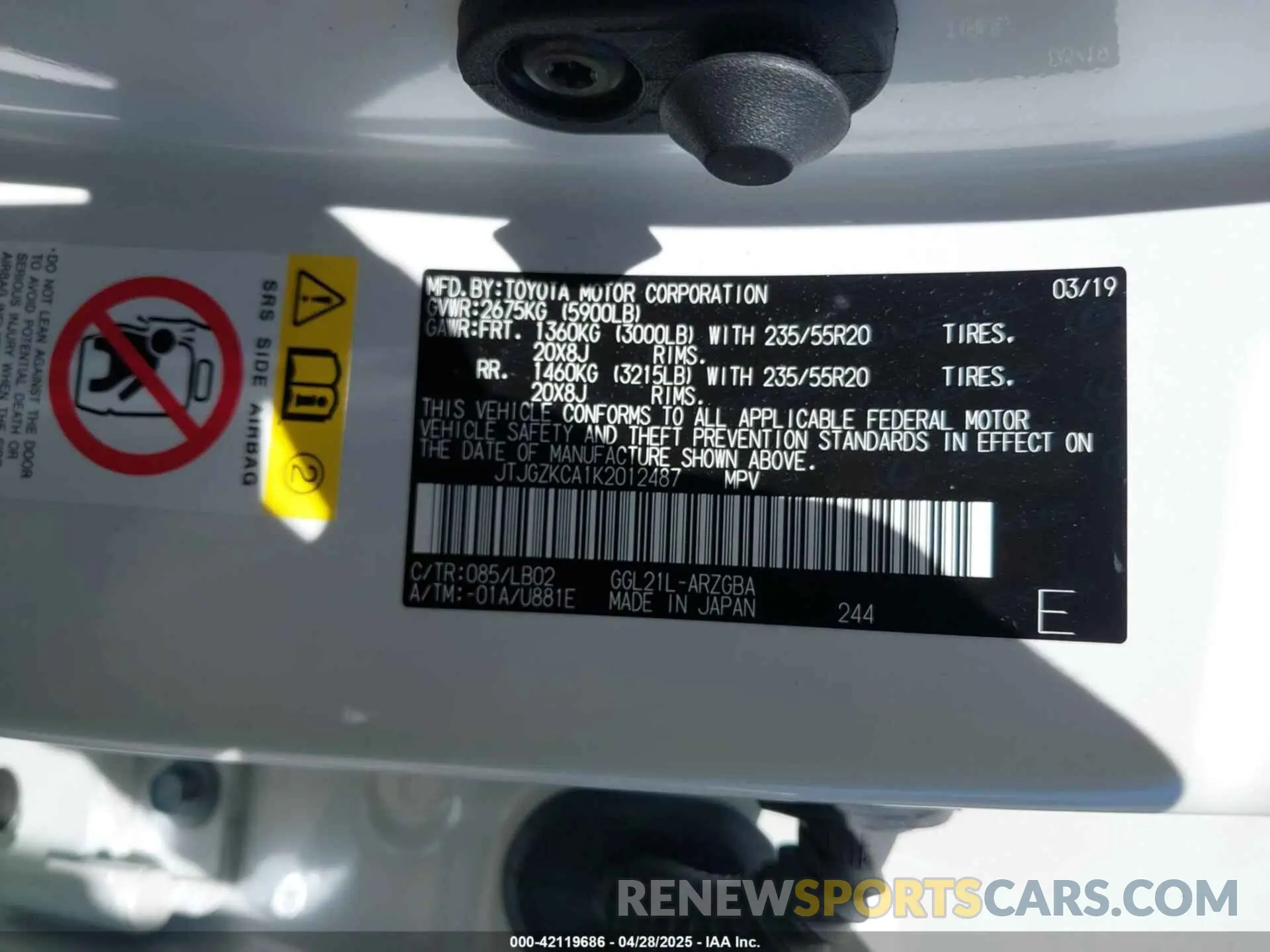 9 Photograph of a damaged car JTJGZKCA1K2012487 LEXUS RX 350L 2019