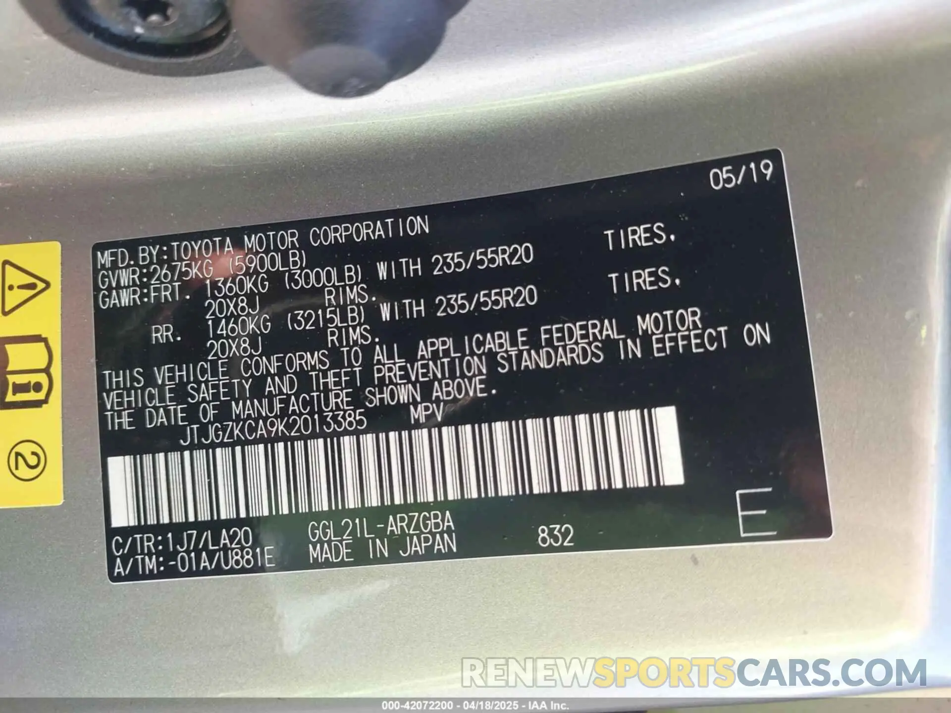 9 Фотография поврежденного автомобиля JTJGZKCA9K2013385 LEXUS RX 350L 2019