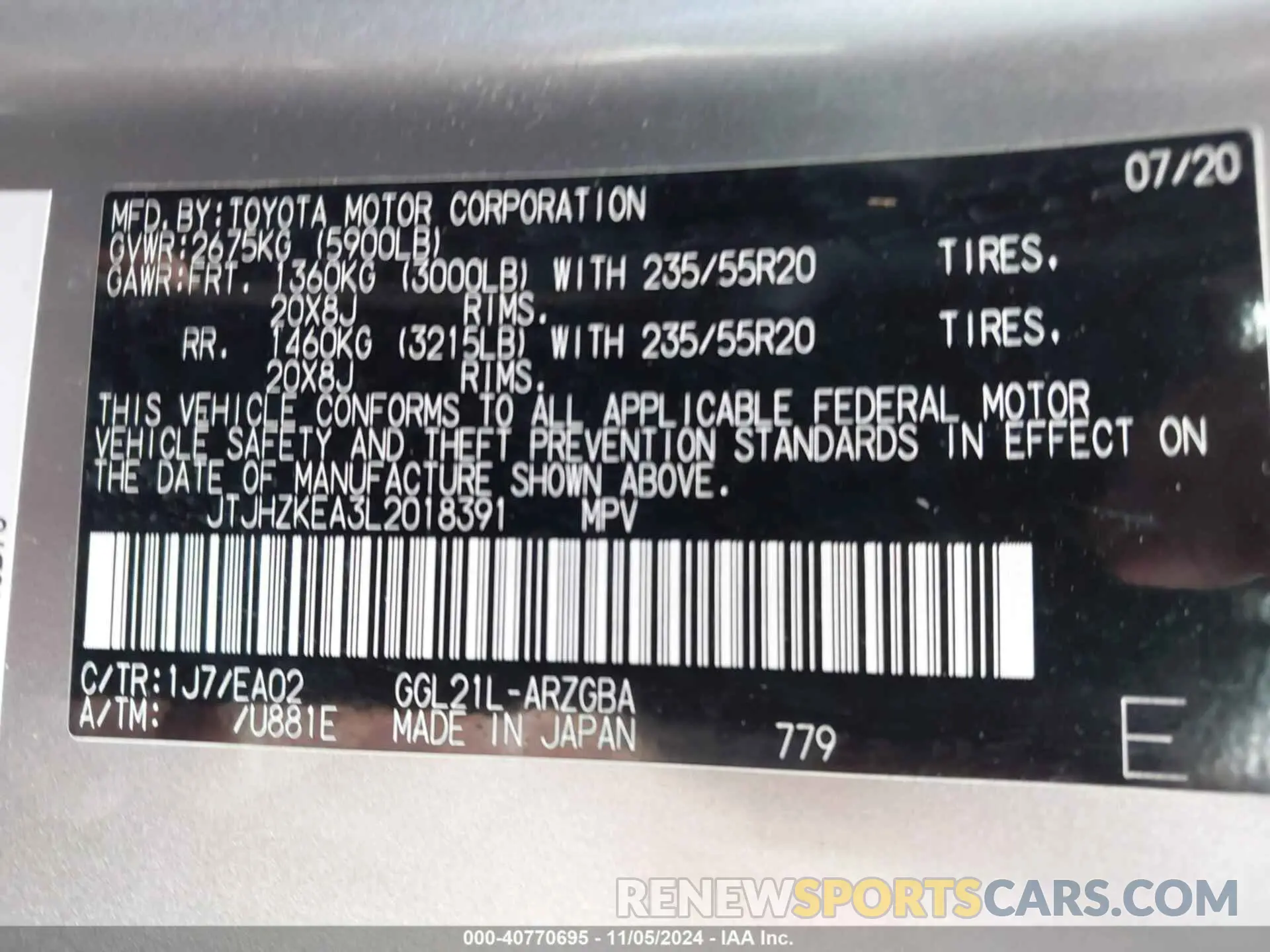 9 Photograph of a damaged car JTJHZKEA3L2018391 LEXUS RX 350L 2020