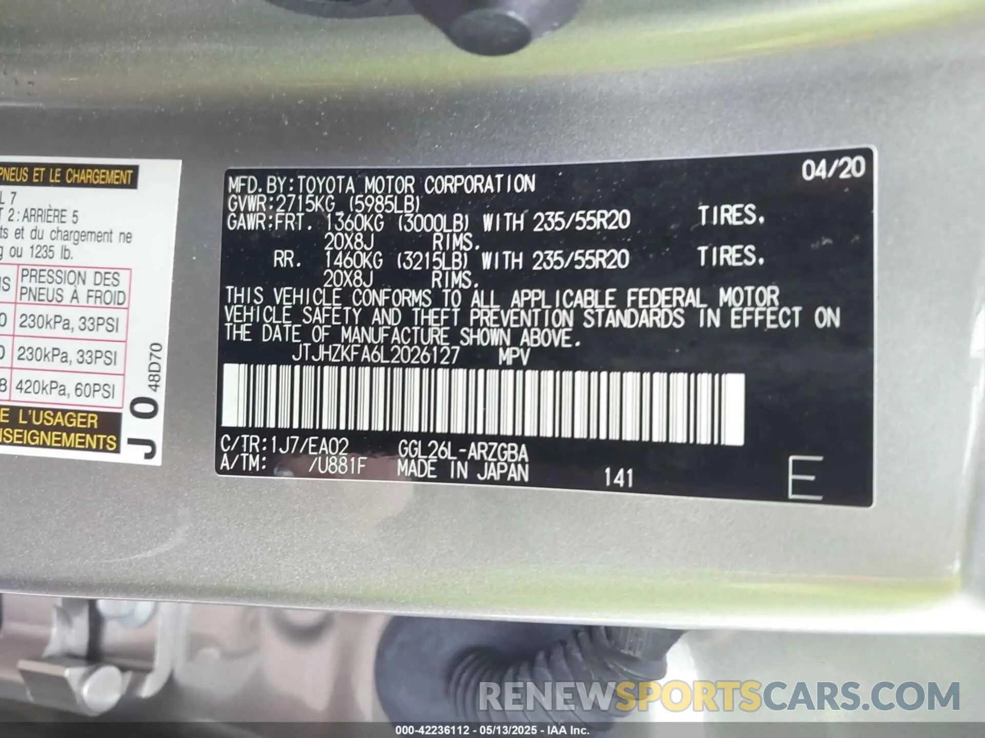 9 Фотография поврежденного автомобиля JTJHZKFA6L2026127 LEXUS RX 350L 2020
