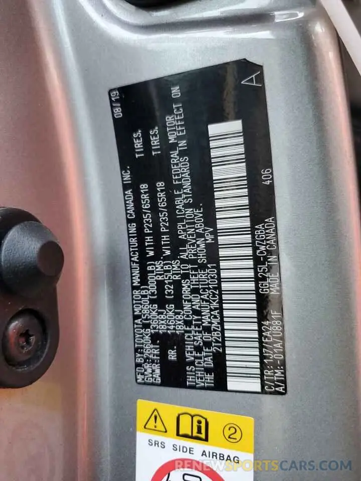 10 Фотография поврежденного автомобиля 2T2BZMCA1KC210301 LEXUS RX350 2019