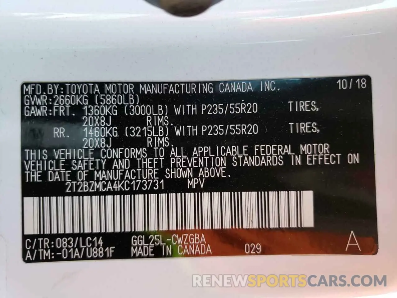 10 Photograph of a damaged car 2T2BZMCA4KC173731 LEXUS RX350 2019