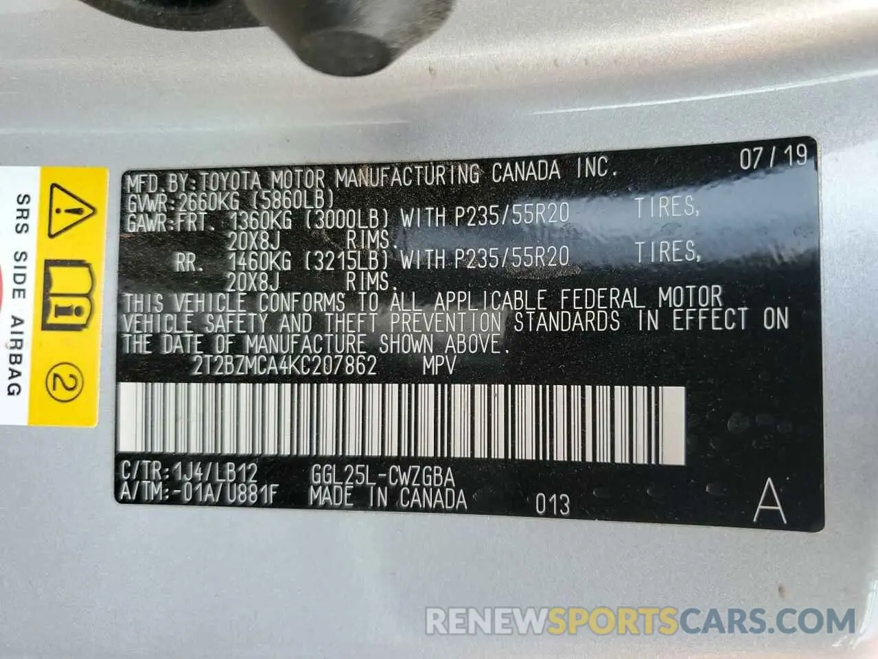 12 Photograph of a damaged car 2T2BZMCA4KC207862 LEXUS RX350 2019