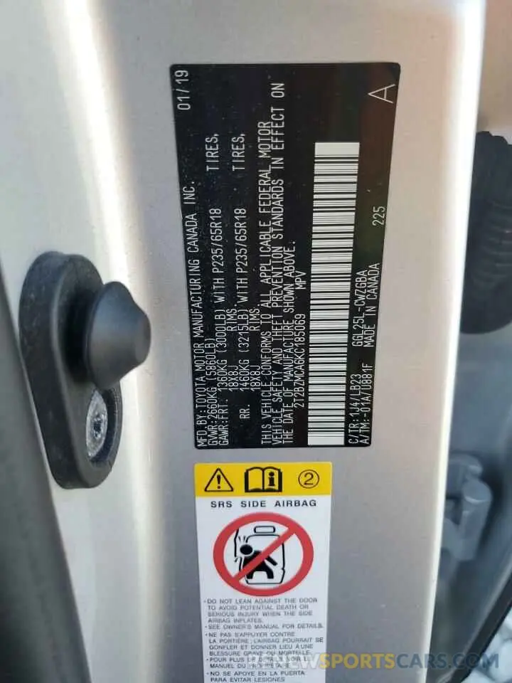 13 Фотография поврежденного автомобиля 2T2BZMCA6KC185069 LEXUS RX350 2019