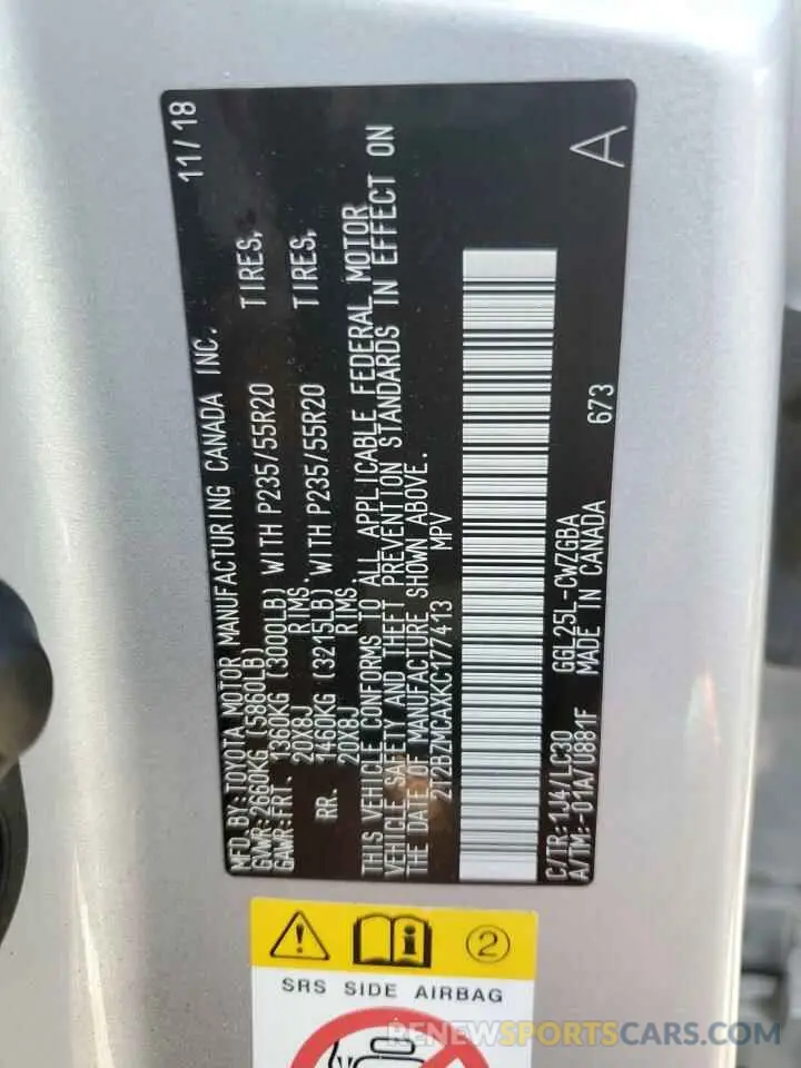 13 Фотография поврежденного автомобиля 2T2BZMCAXKC177413 LEXUS RX350 2019