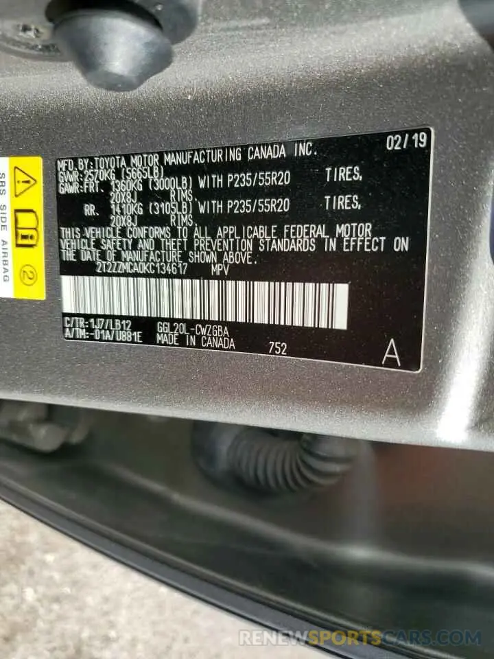 13 Photograph of a damaged car 2T2ZZMCA0KC134617 LEXUS RX350 2019