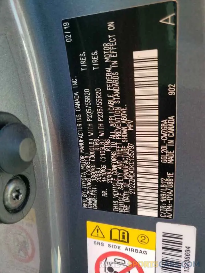 10 Photograph of a damaged car 2T2ZZMCA0KC135797 LEXUS RX350 2019