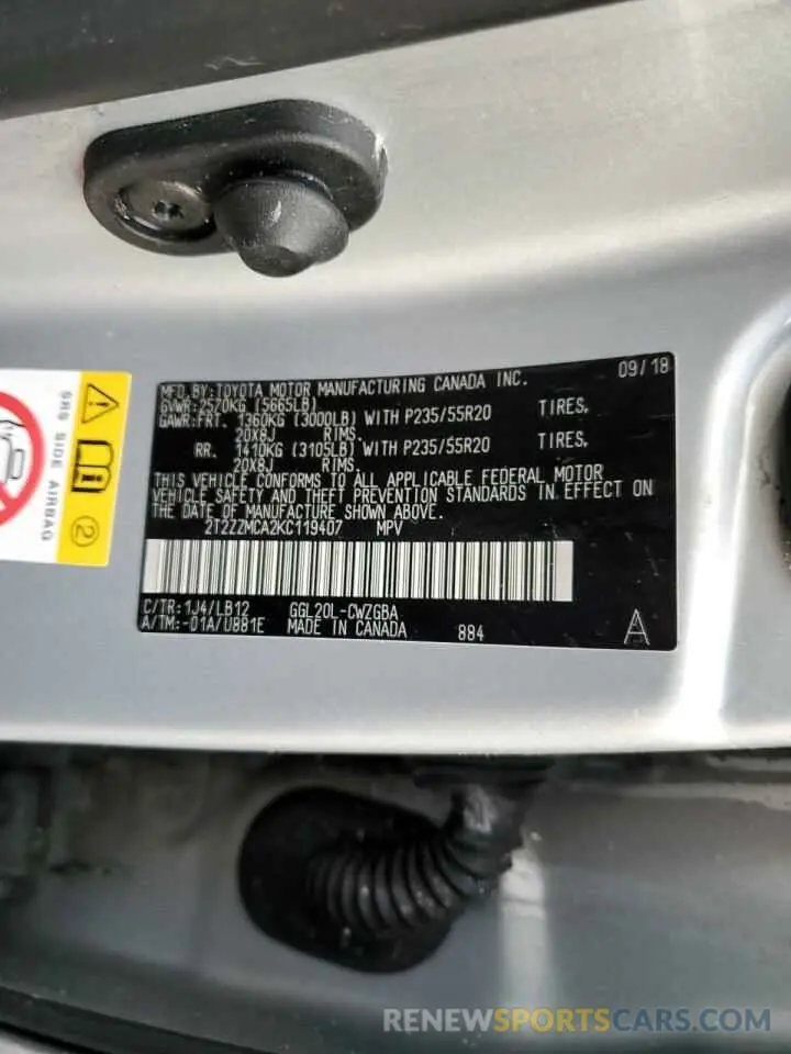 10 Фотография поврежденного автомобиля 2T2ZZMCA2KC119407 LEXUS RX350 2019