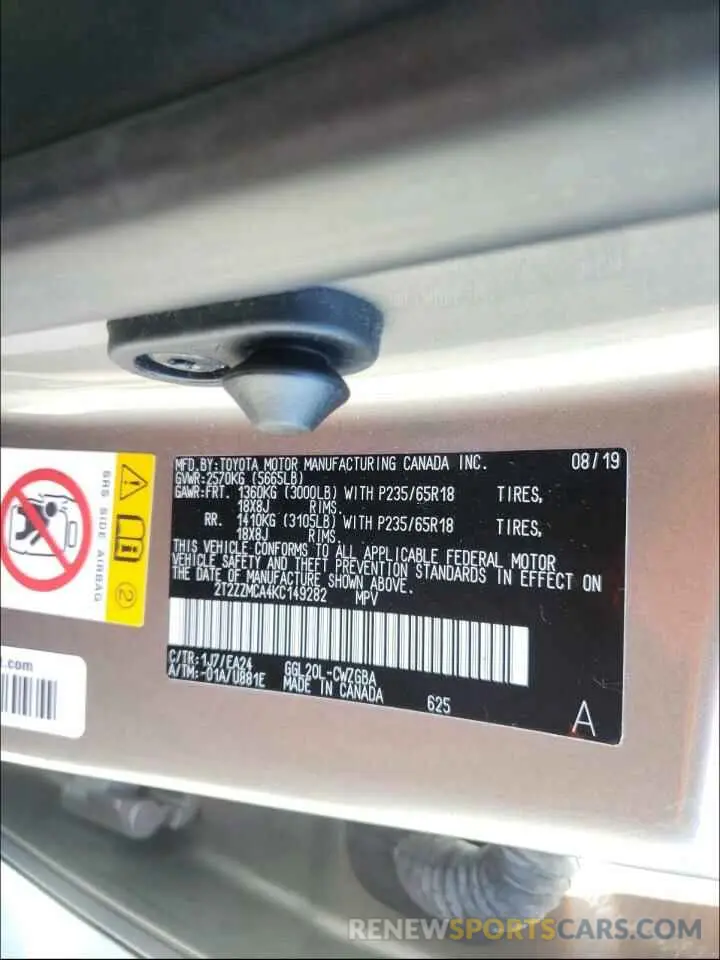 10 Photograph of a damaged car 2T2ZZMCA4KC149282 LEXUS RX350 2019