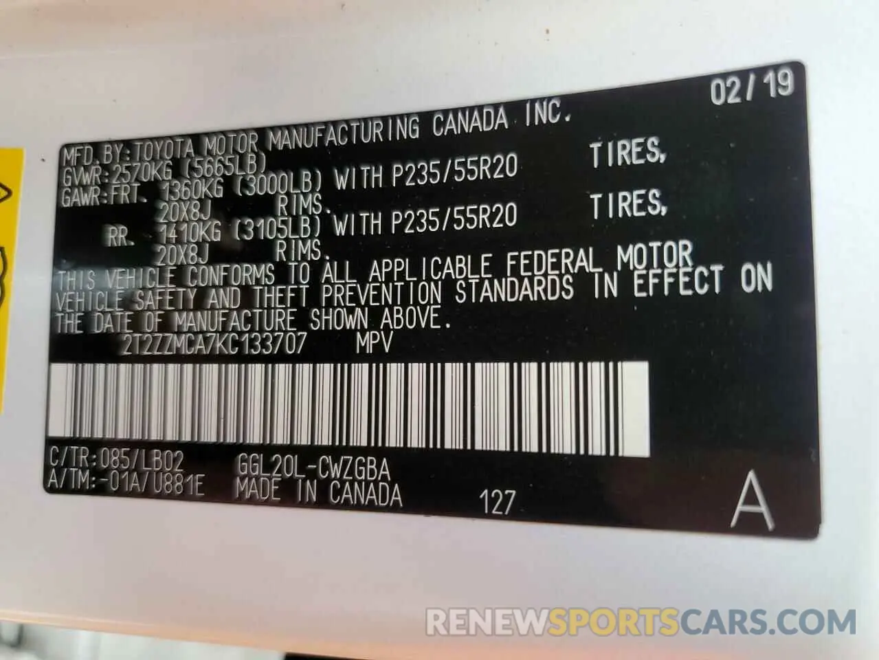 10 Photograph of a damaged car 2T2ZZMCA7KC133707 LEXUS RX350 2019