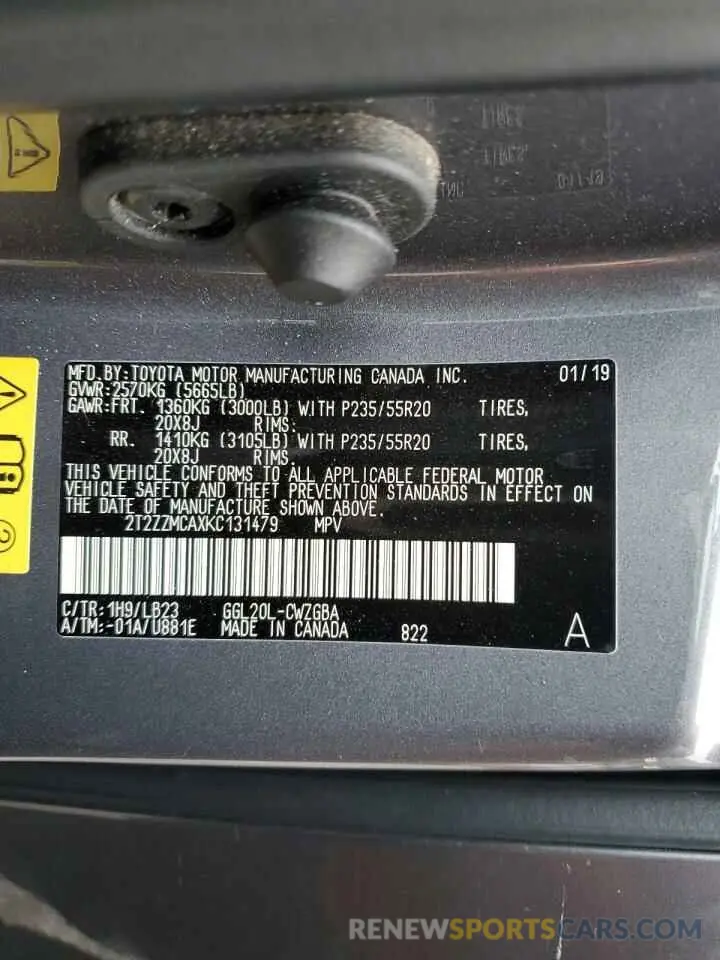 13 Фотография поврежденного автомобиля 2T2ZZMCAXKC131479 LEXUS RX350 2019