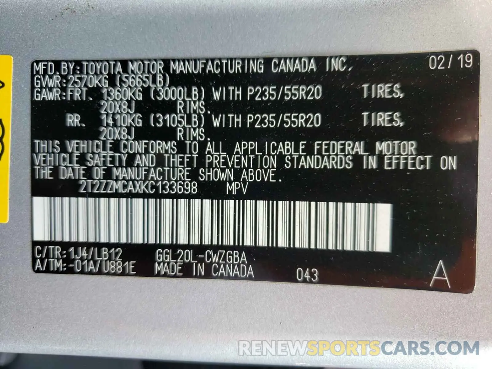 10 Photograph of a damaged car 2T2ZZMCAXKC133698 LEXUS RX350 2019