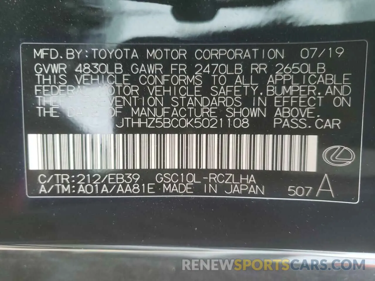 12 Photograph of a damaged car JTHHZ5BC0K5021108 LEXUS RX350 2019