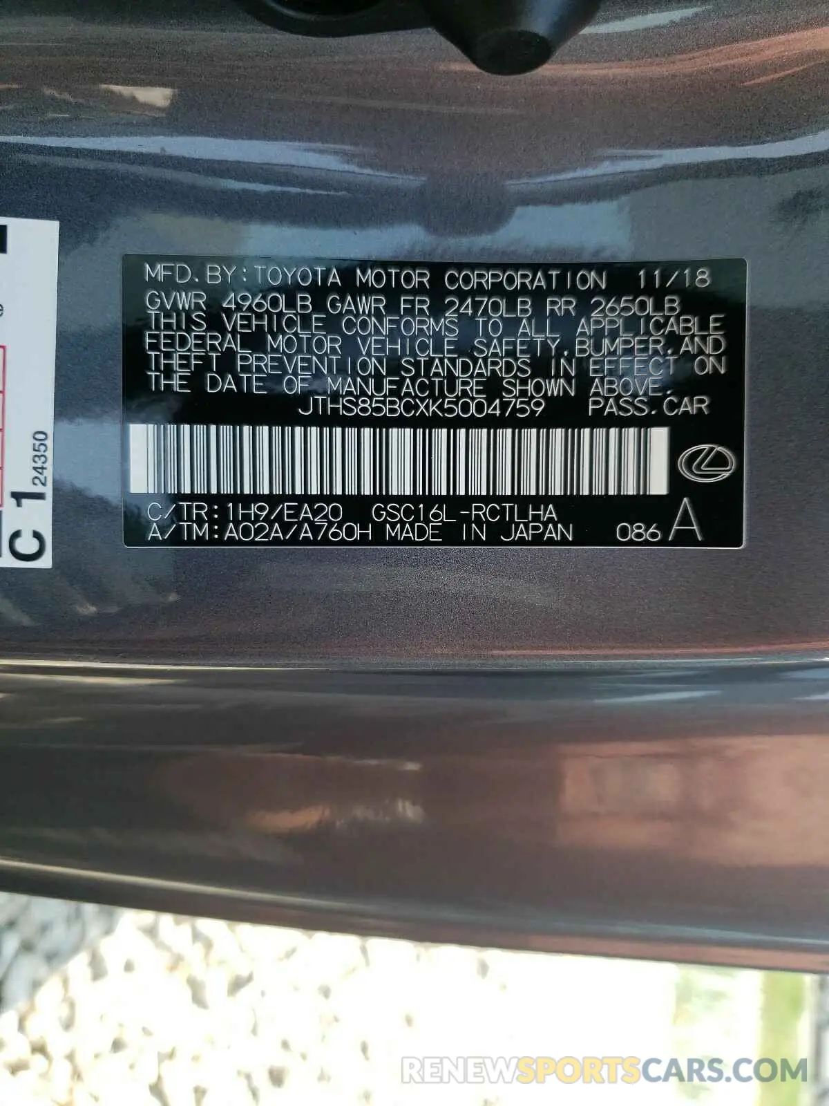 10 Photograph of a damaged car JTHS85BCXK5004759 LEXUS RX350 2019