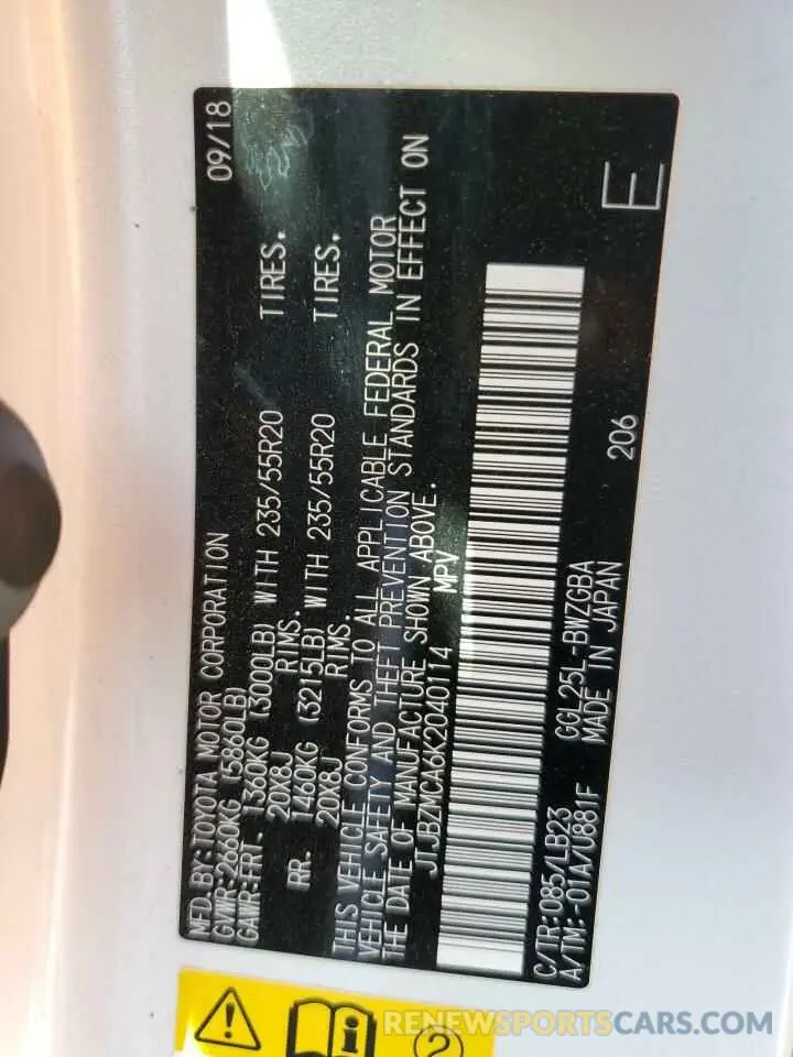 12 Фотография поврежденного автомобиля JTJBZMCA6K2040114 LEXUS RX350 2019