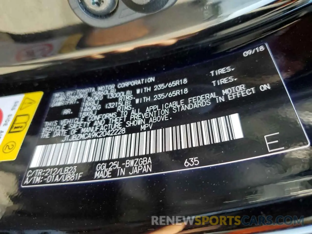 13 Фотография поврежденного автомобиля JTJBZMCA9K2042228 LEXUS RX350 2019