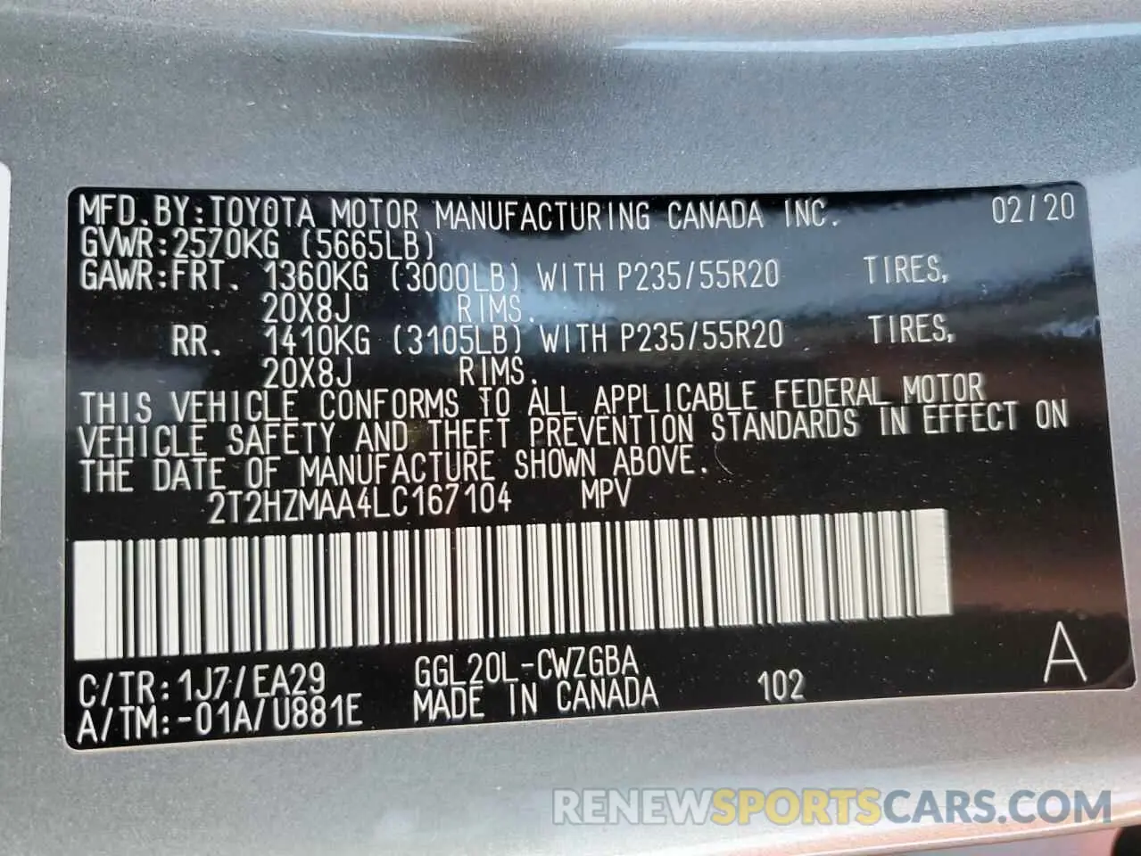 12 Photograph of a damaged car 2T2HZMAA4LC167104 LEXUS RX350 2020