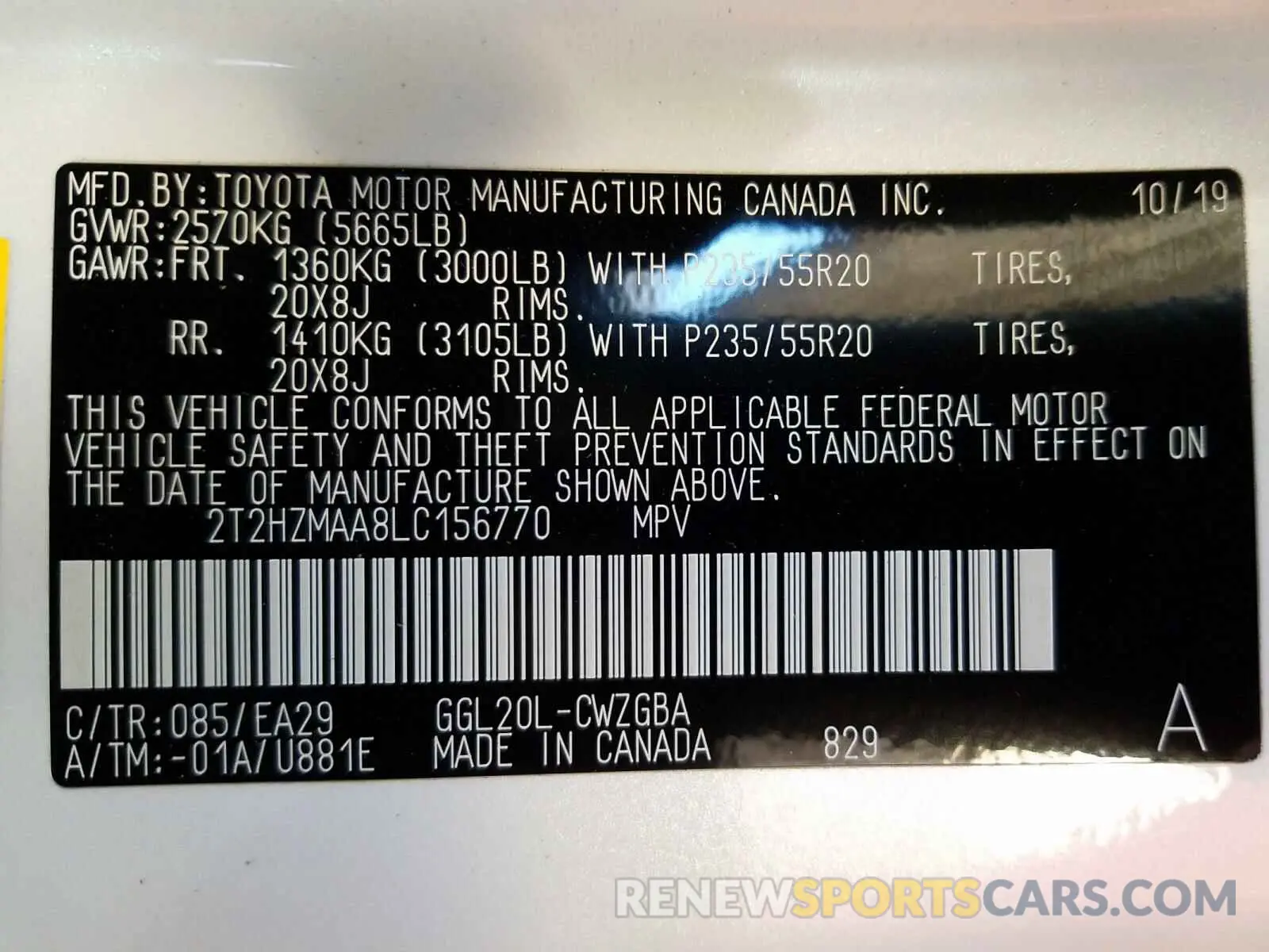 10 Photograph of a damaged car 2T2HZMAA8LC156770 LEXUS RX350 2020