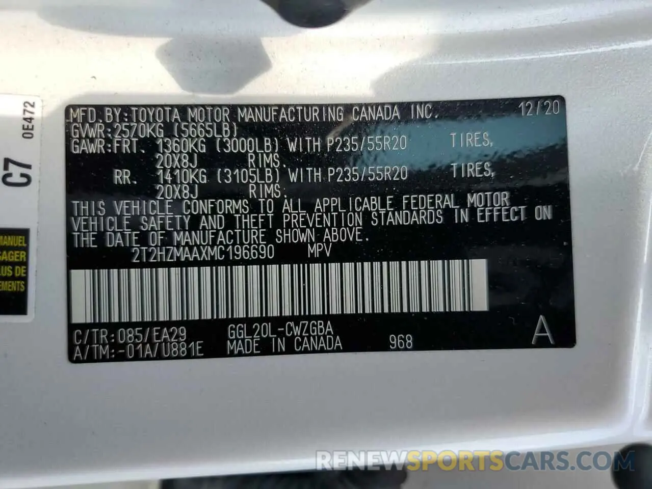 12 Photograph of a damaged car 2T2HZMAAXMC196690 LEXUS RX350 2021