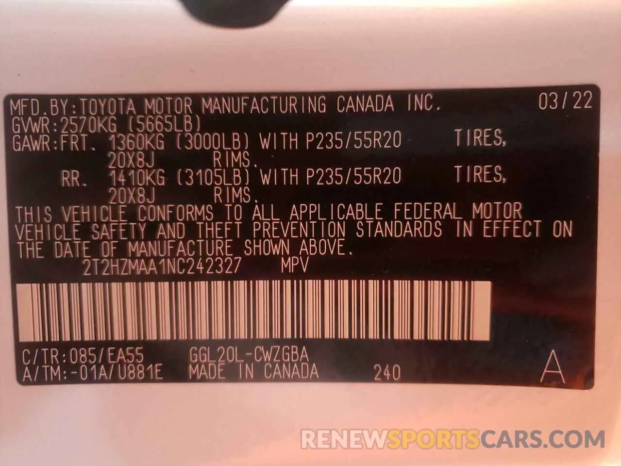 10 Фотография поврежденного автомобиля 2T2HZMAA1NC242327 LEXUS RX350 2022