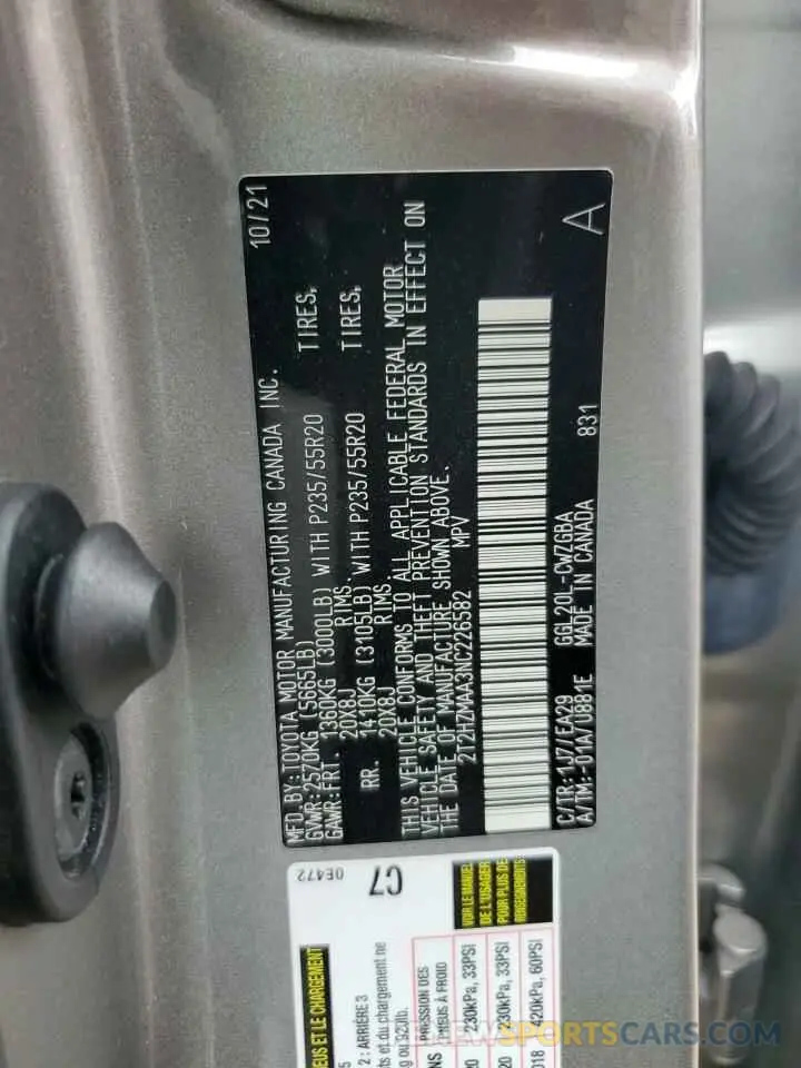 13 Фотография поврежденного автомобиля 2T2HZMAA3NC226582 LEXUS RX350 2022